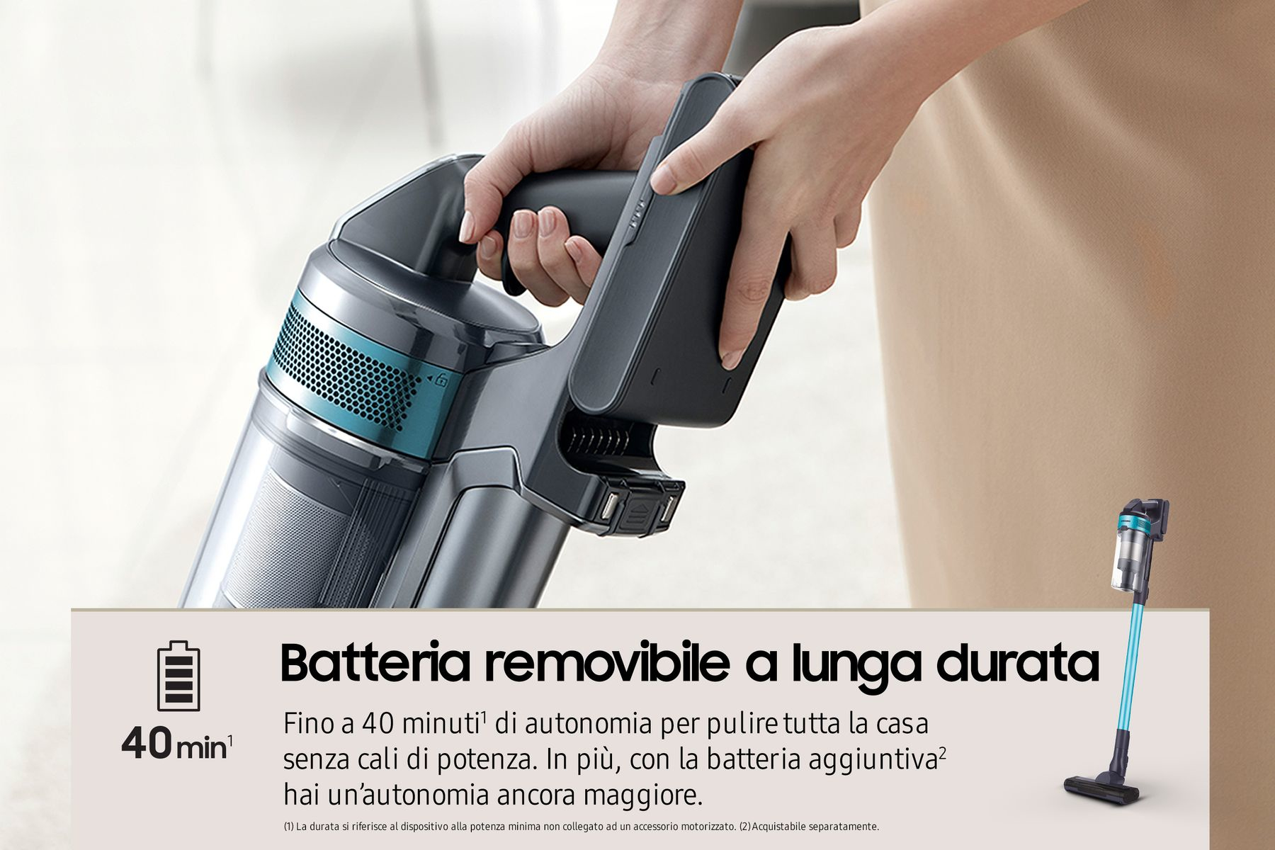 Una donna che tiene un aspirapolvere, con testo sulla batteria a lunga durata e 40 min di utilizzo.
