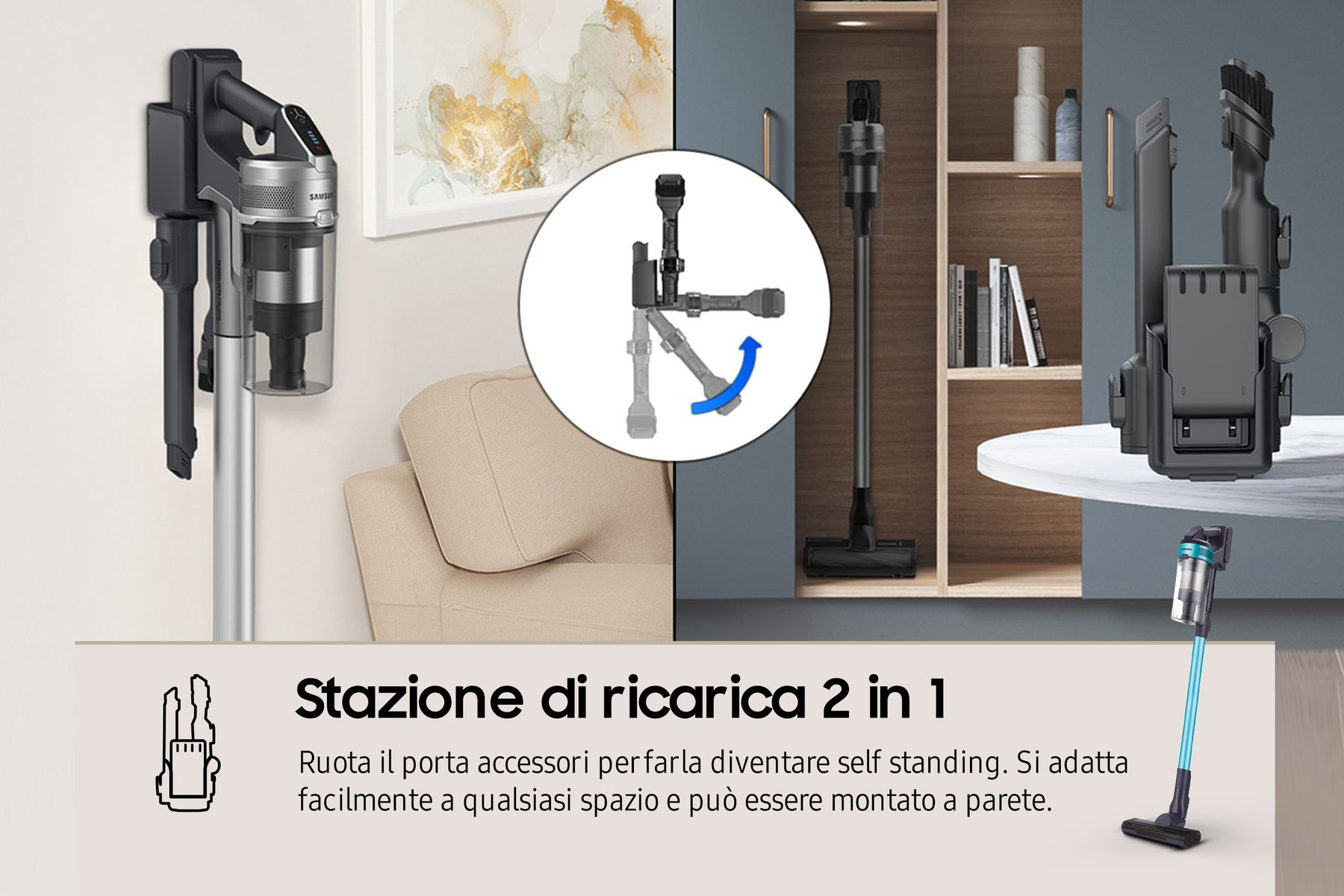 Aspirapolvere Samsung con accessori. Immagini mostrano diverse modalità e montaggio a parete.