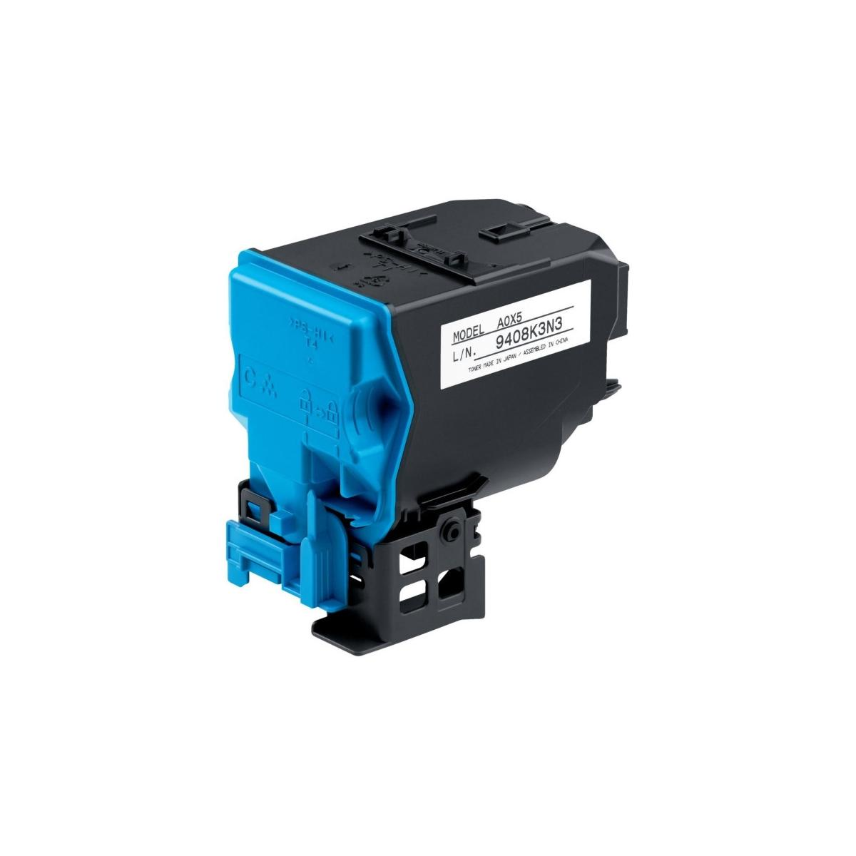 Cartuccia toner nera e blu con telaio in metallo nero su sfondo bianco.