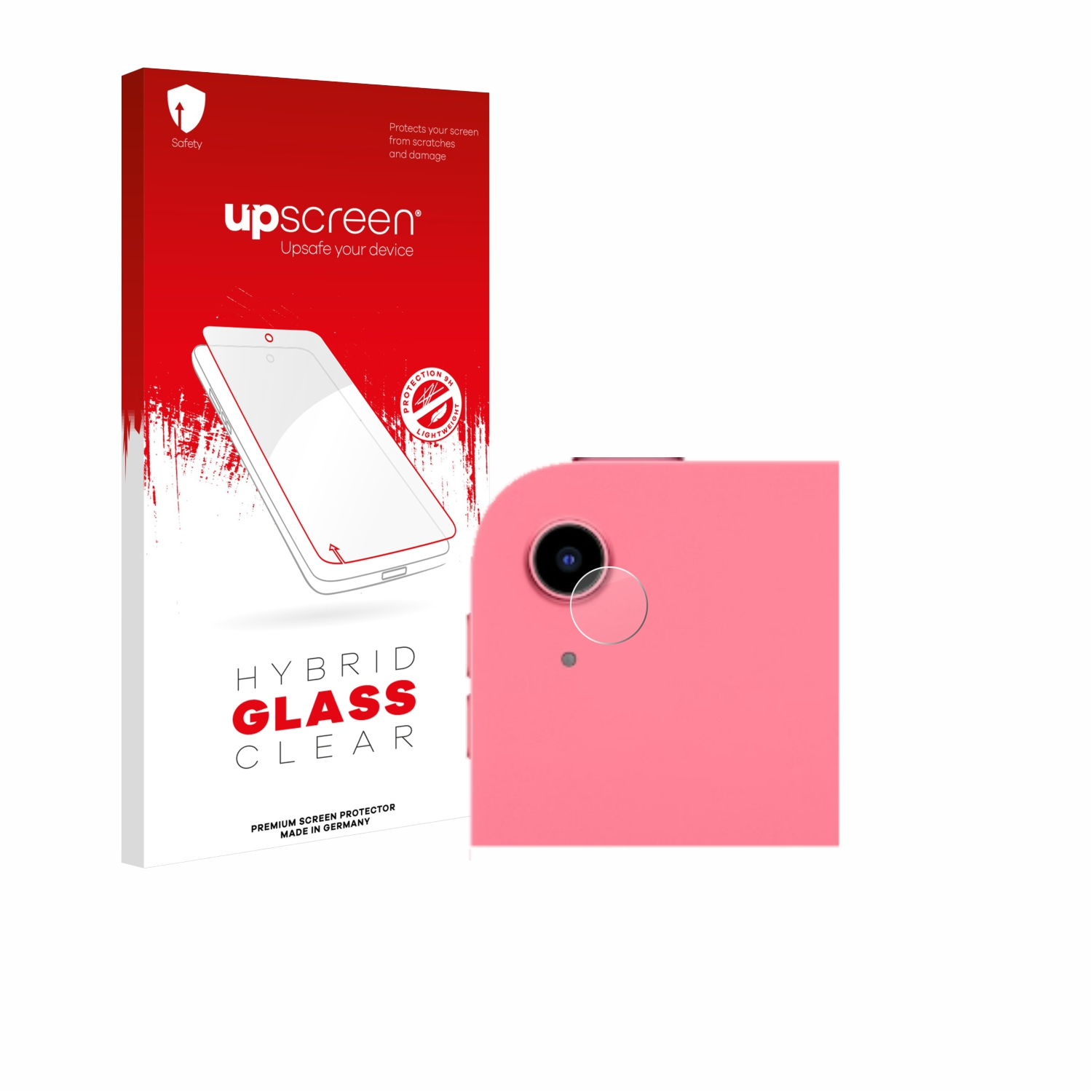 Pinkes Telefon und Displayschutzfolienbox. Die Box hat Telefonillustration und Text. Weißer Hintergrund.