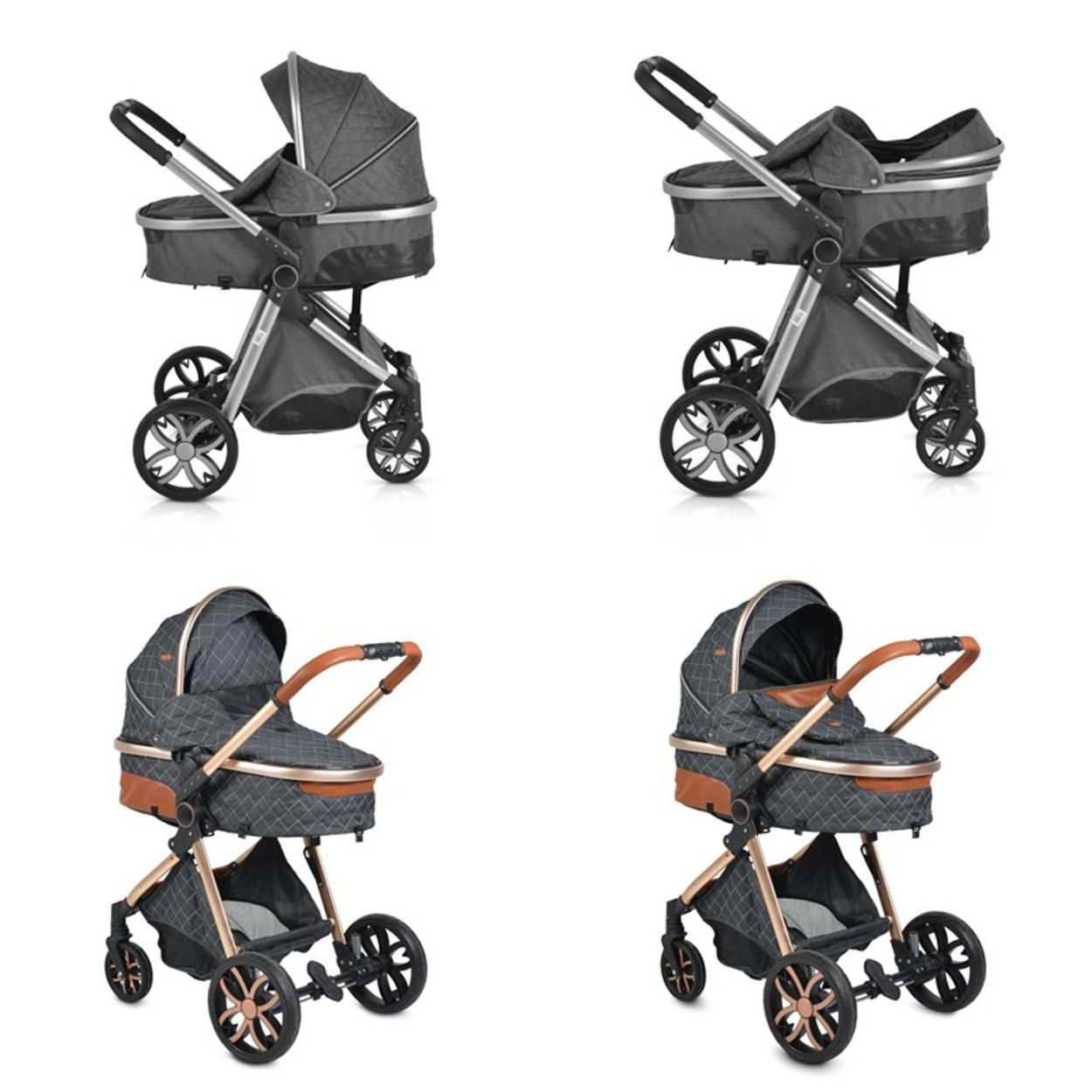Verschiedene Ansichten eines grauen Kinderwagens mit verschiedenen Designs und einem grau-braunen Kinderwagen.