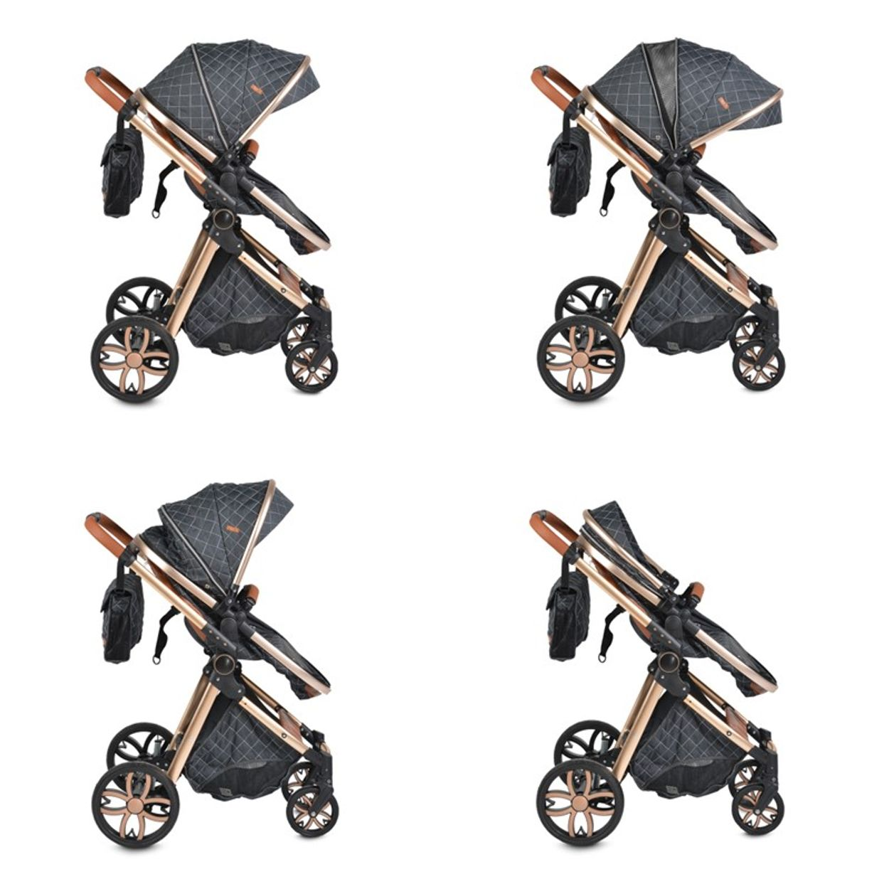 Vier Bilder eines Babywagens mit goldenem Rahmen und grauem und schwarzem Stoff.