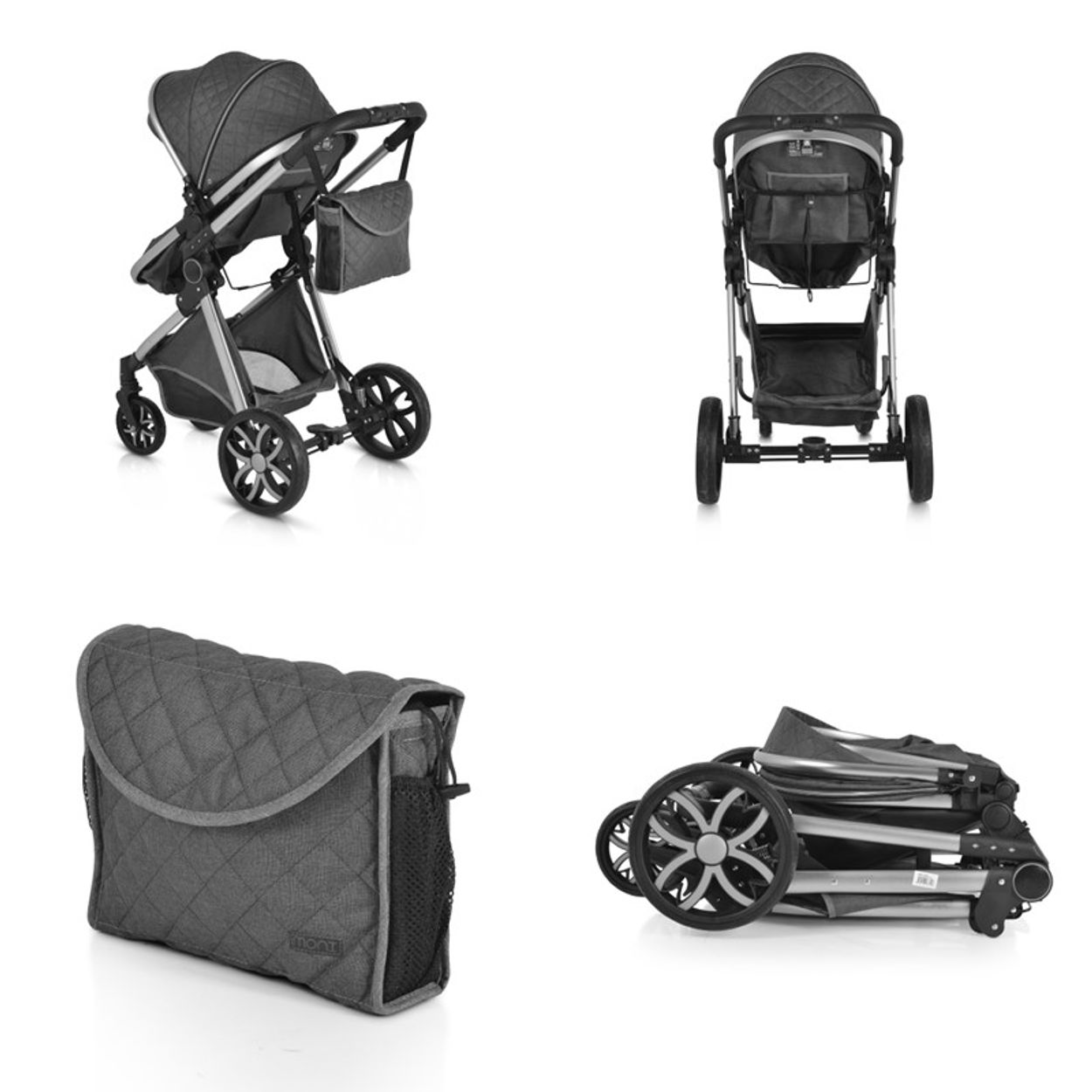 Vier Bilder eines grauen Kinderwagens mit passender Tasche und zusammengeklappter Konfiguration.