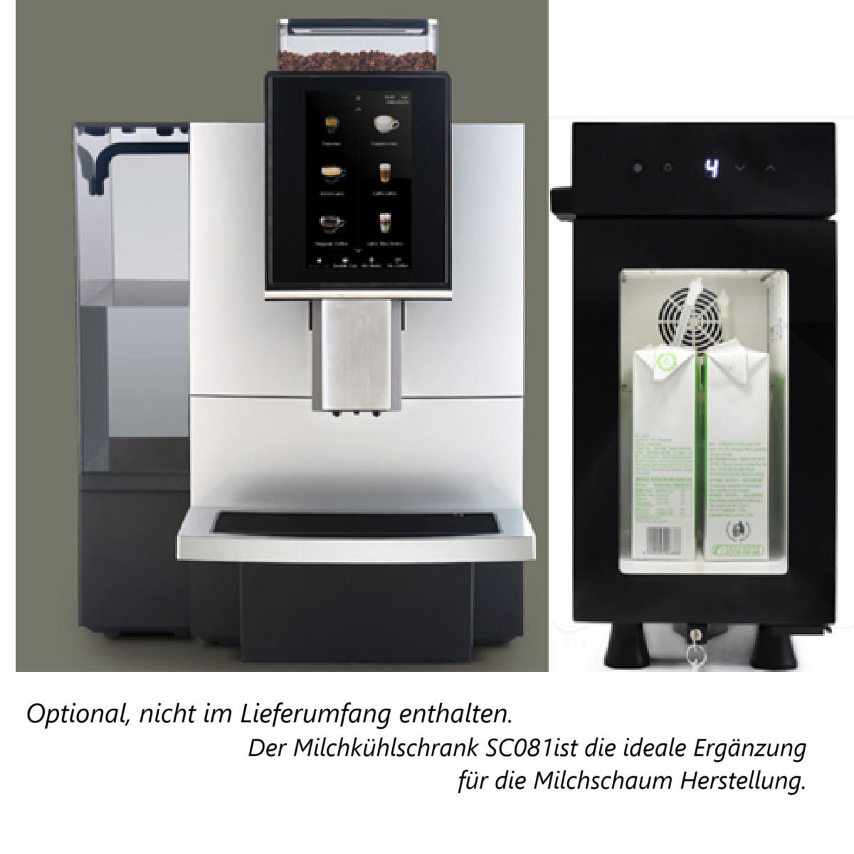 Eine Kaffeemaschine mit Bildschirm, Bohnenbehälter und einem Milchkühlgerät mit Milchkartons darin.