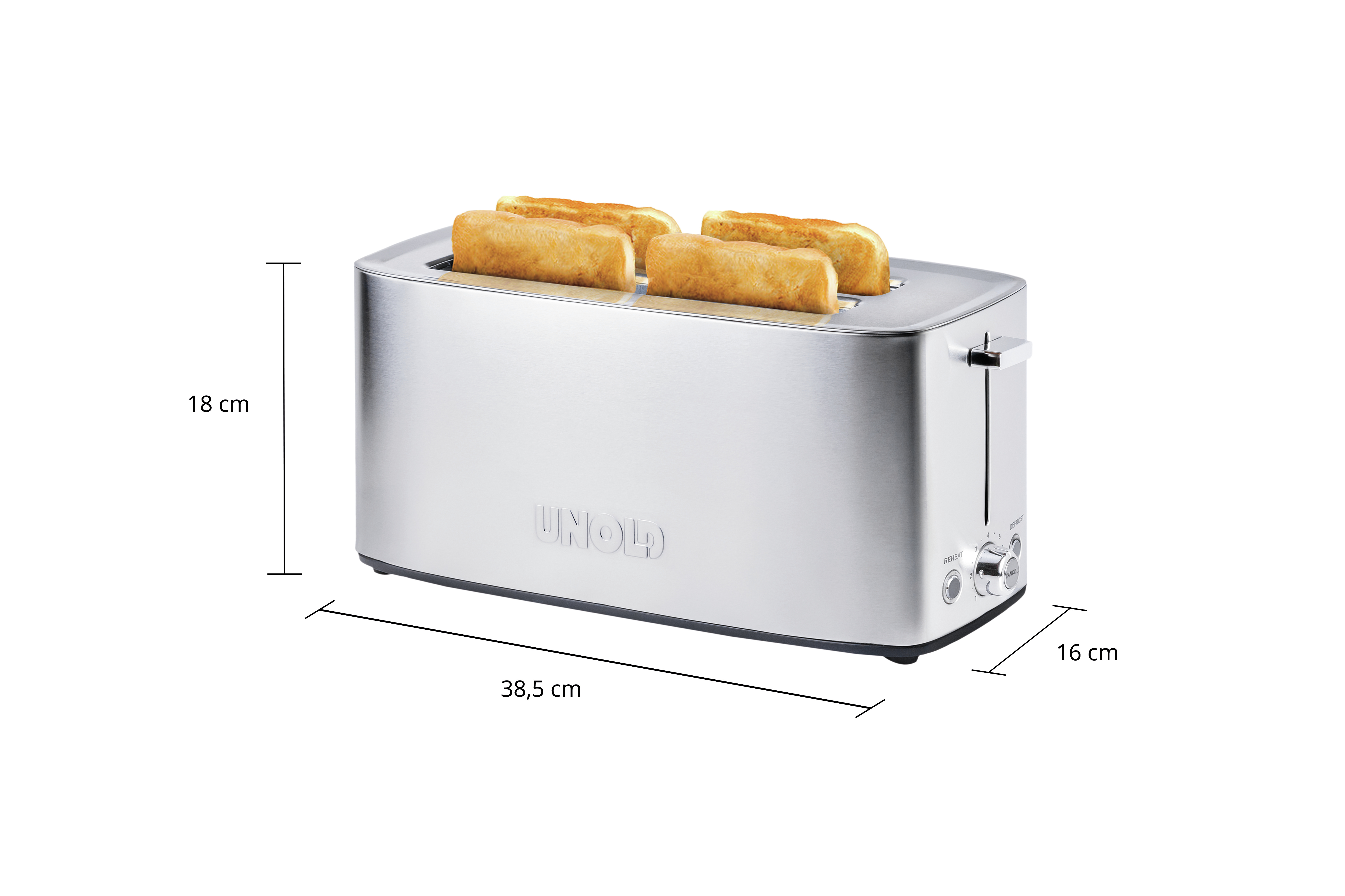 Silberner Toaster mit vier Schlitzen, Abmessungen von 38,5 cm, 18 cm und 16 cm gezeigt.