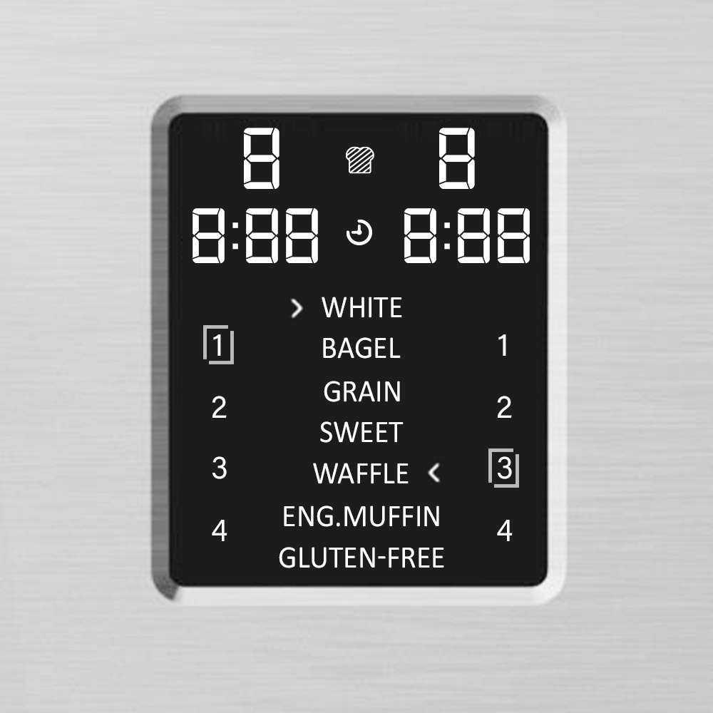 Un display digitale di un tostapane con impostazioni. Le opzioni includono bianco, bagel, cereali, dolce, waffle e senza glutine.