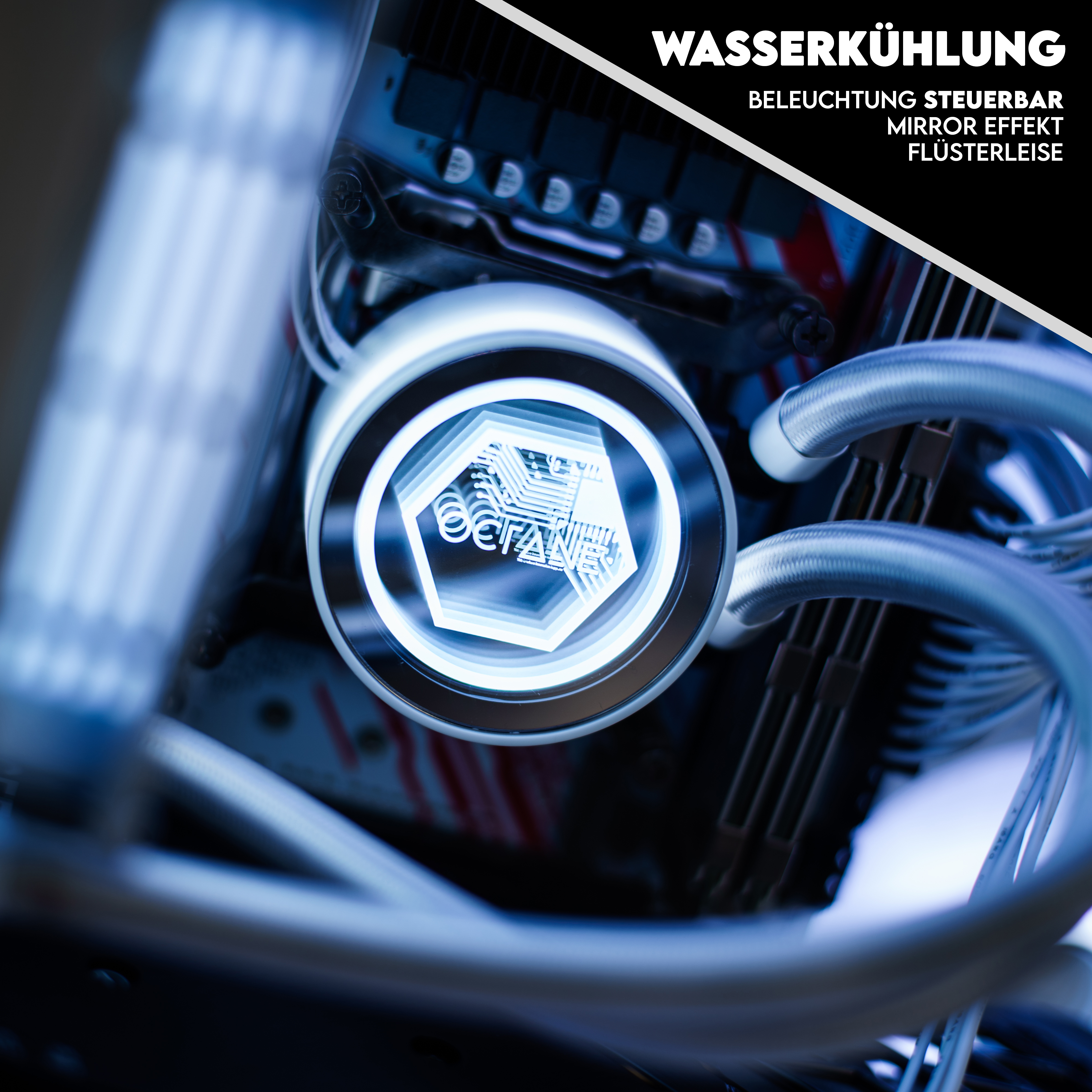 Nahaufnahme eines Computer-Kühlsystems mit beleuchtetem Logo und Schläuchen.