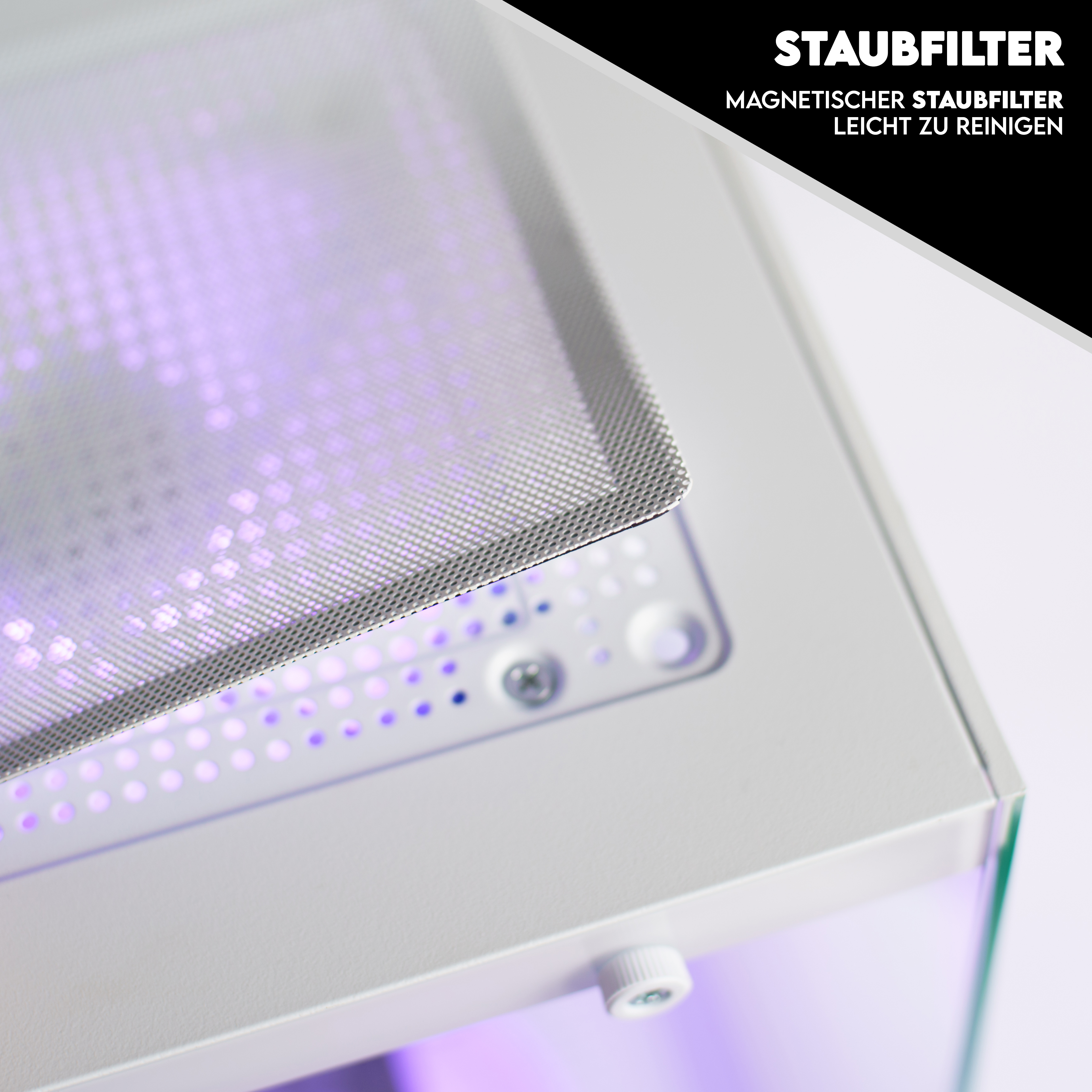 Nahaufnahme eines weißen Computergehäuses mit magnetischem Staubfilter. Der Filter ist grau und das Gehäuse hat lila Licht.