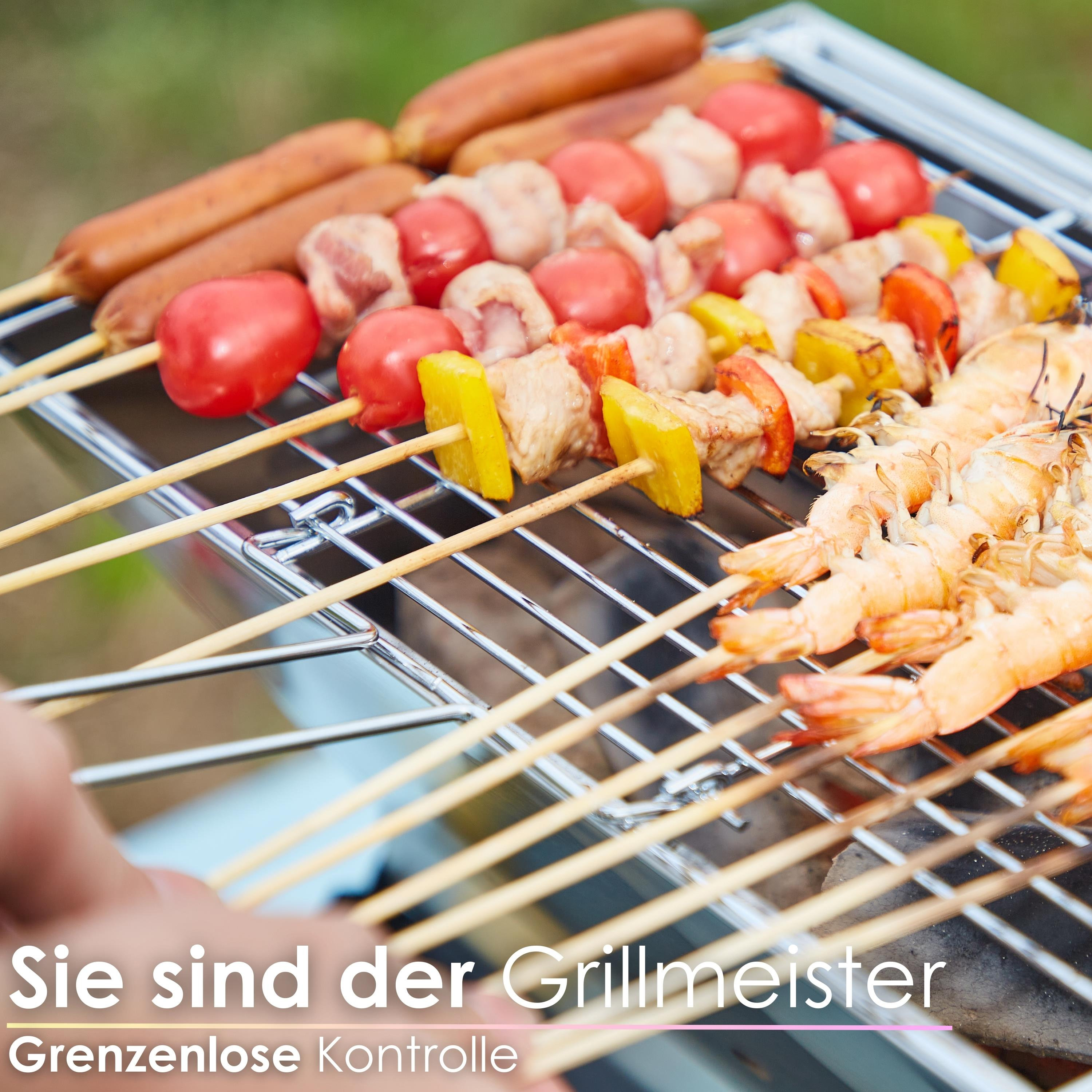 Spieße mit gegrillten Speisen auf einem Grill. Würstchen, Tomaten, Fleisch, Garnelen. Text: Grillmeister.