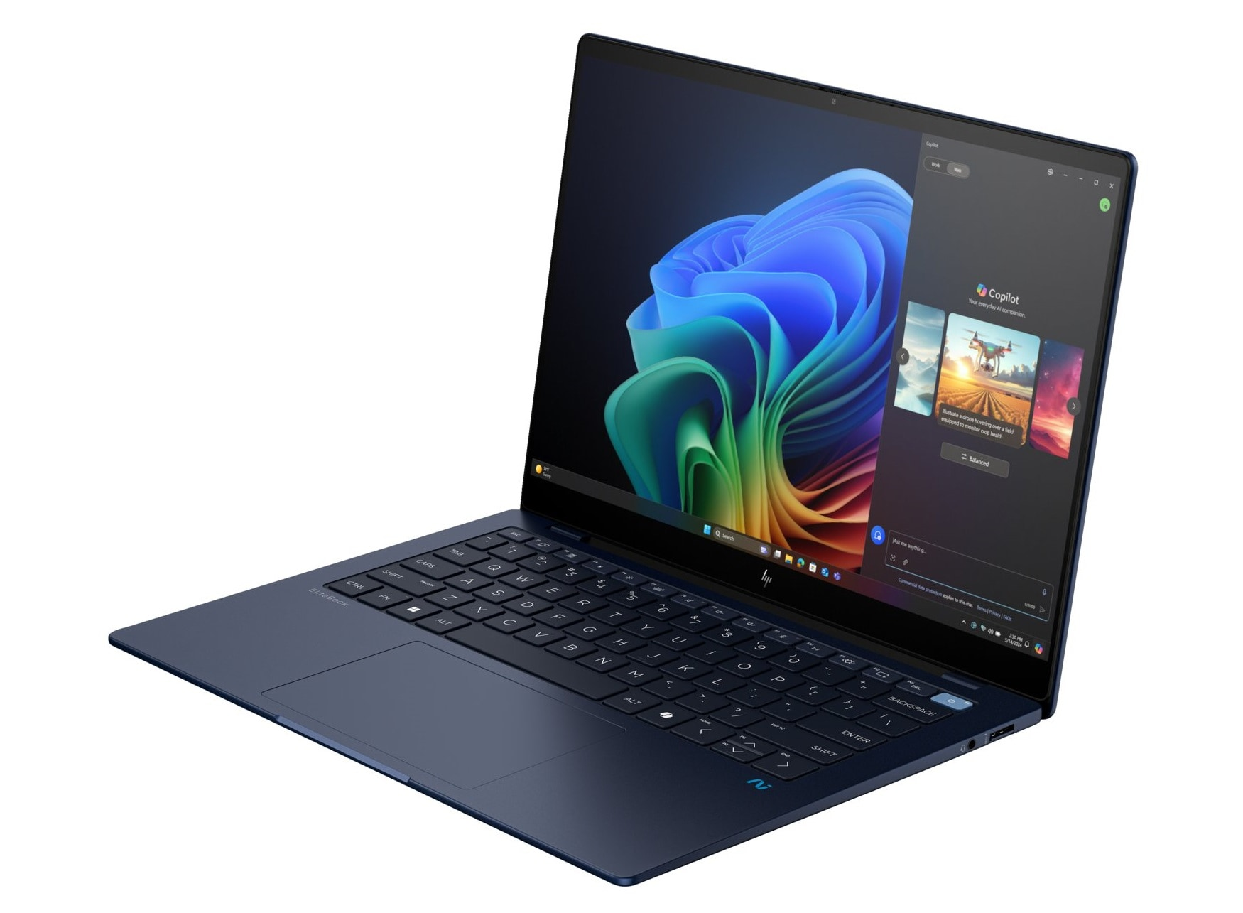 Laptop blu aperto, vista angolata. Schermo mostra l'interfaccia Copilot con immagini colorate.