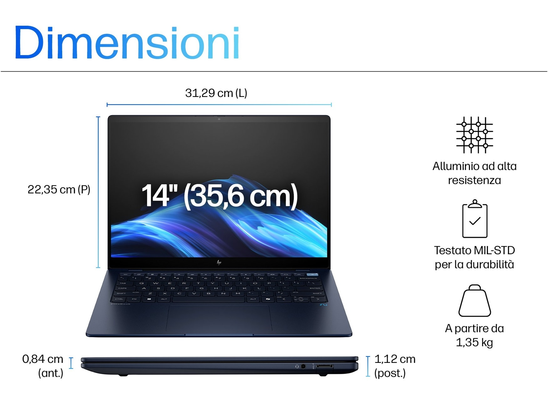 Un laptop blu scuro è aperto. Dimensioni e caratteristiche sono visualizzate a destra.