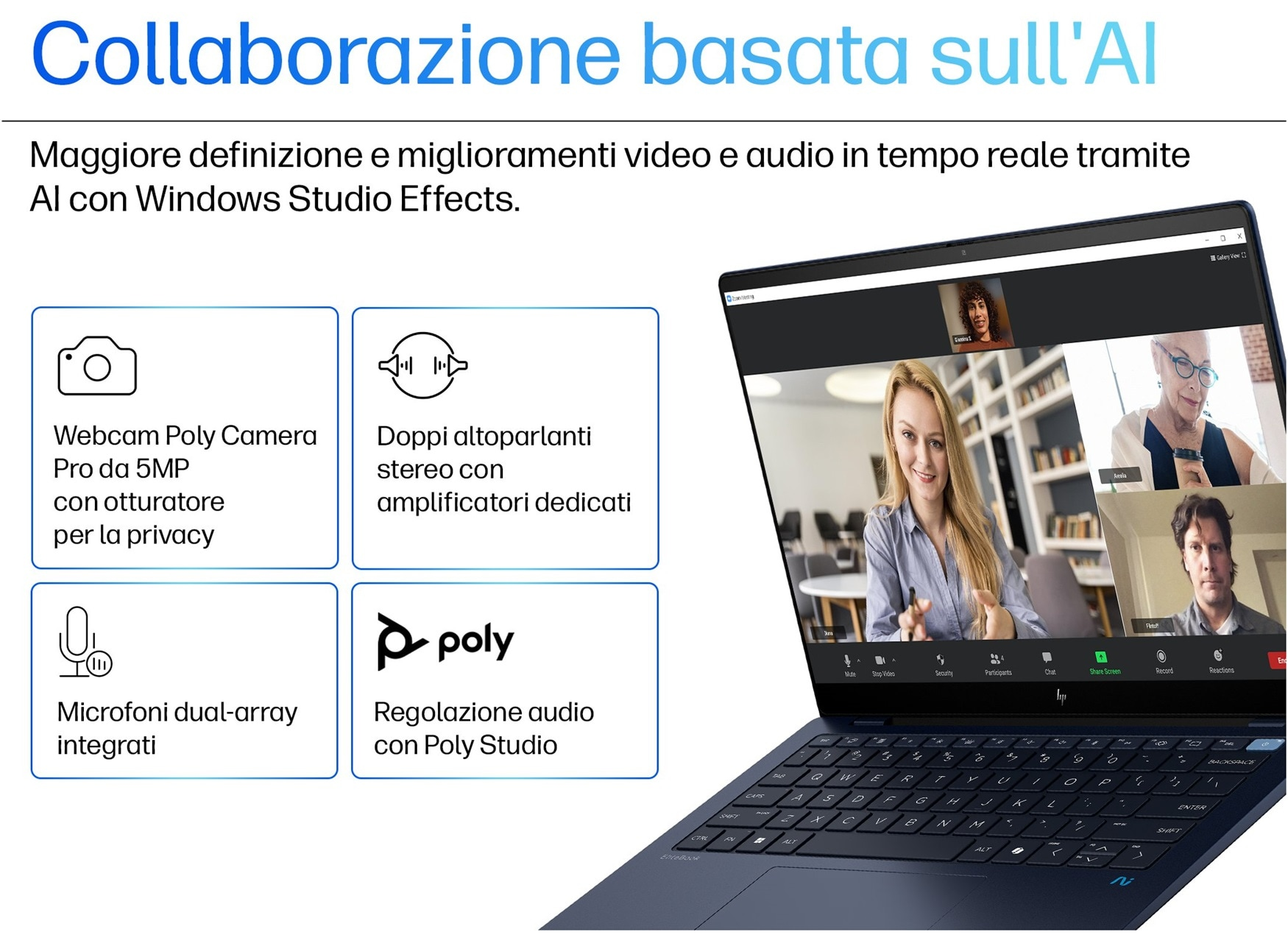 Un laptop con interfaccia di videochiamata, che mostra più partecipanti e strumenti.
