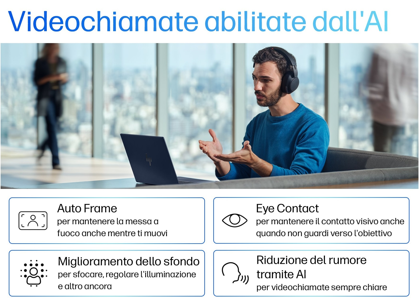Uomo in videochiamata con laptop HP. Testo descrive funzioni AI: inquadratura automatica, contatto visivo, sfondo.