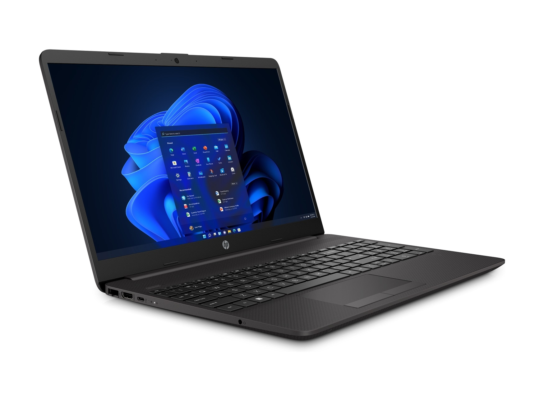Un laptop HP nero, aperto con un desktop Windows, angolato su sfondo bianco.