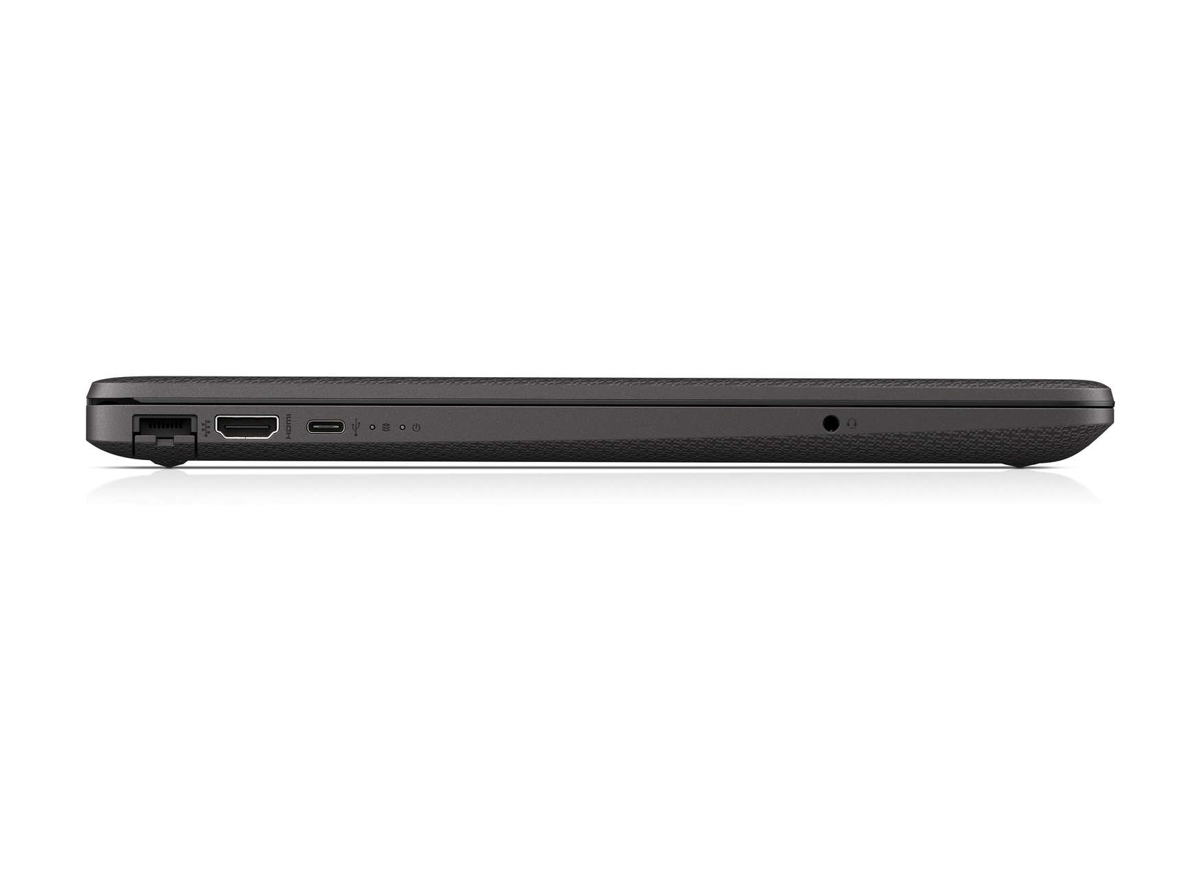 Vista laterale di un laptop nero. Le porte visibili sono sul lato.