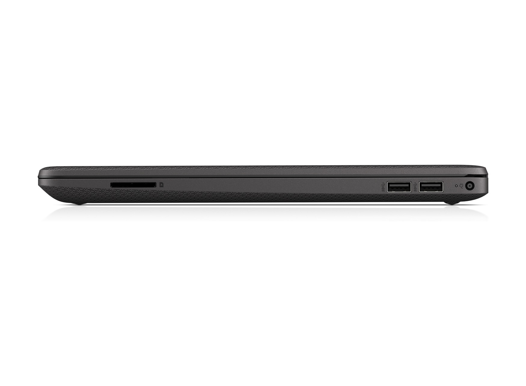 Vista laterale di un laptop nero. Mostra porte e slot per schede SD e connessioni USB.
