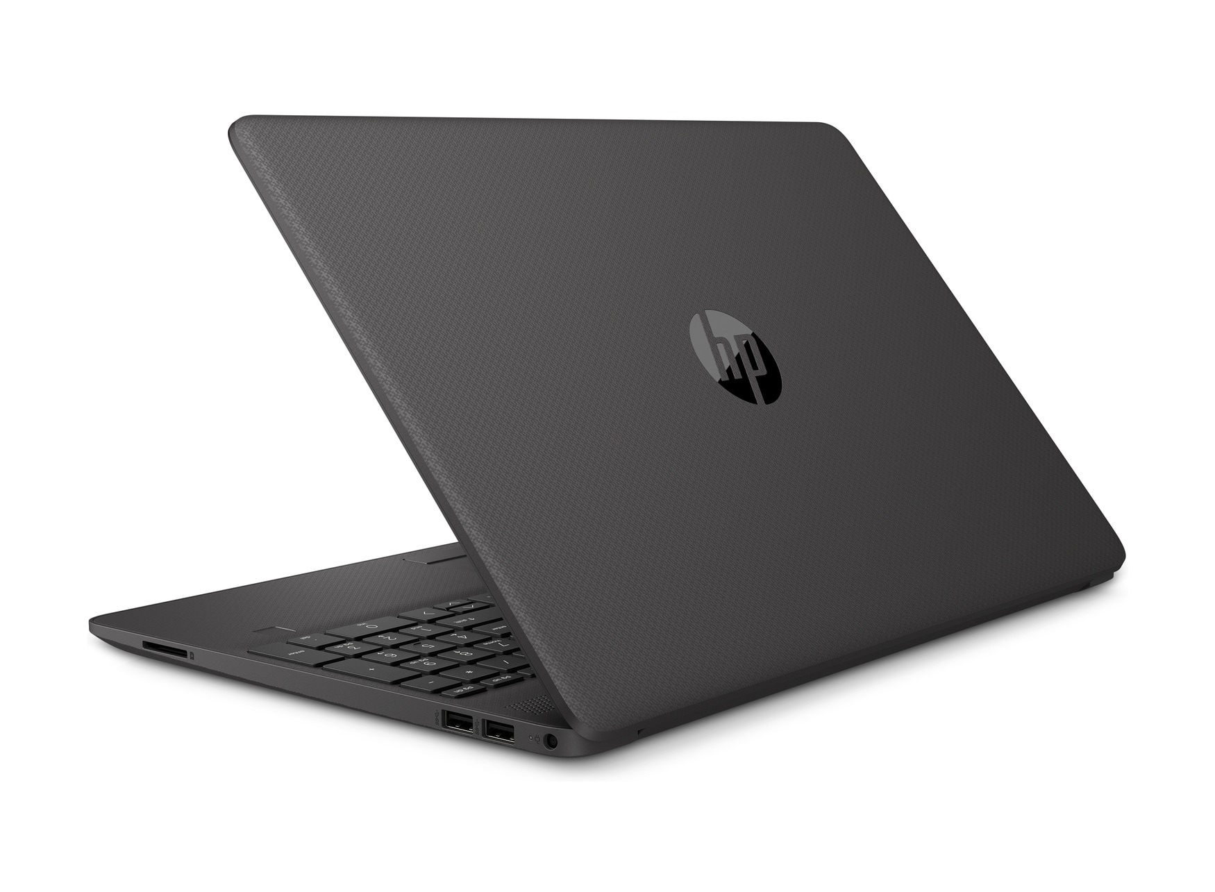 Un laptop grigio scuro, parzialmente aperto, con il logo HP visibile.