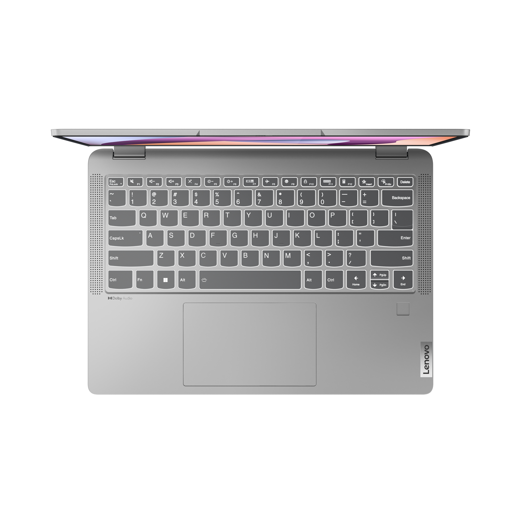 Un laptop, vista dall'alto, aperto con una tastiera e un touchpad, sfondo bianco.