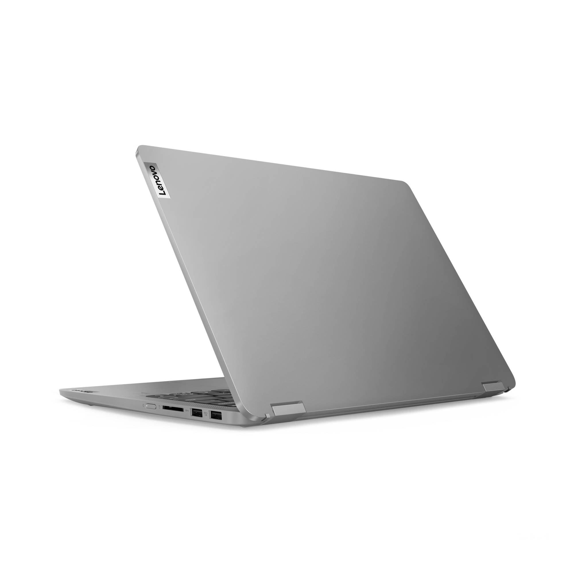 Un laptop grigio è aperto, mostra il retro e il logo Lenovo. Lo schermo è leggermente aperto.