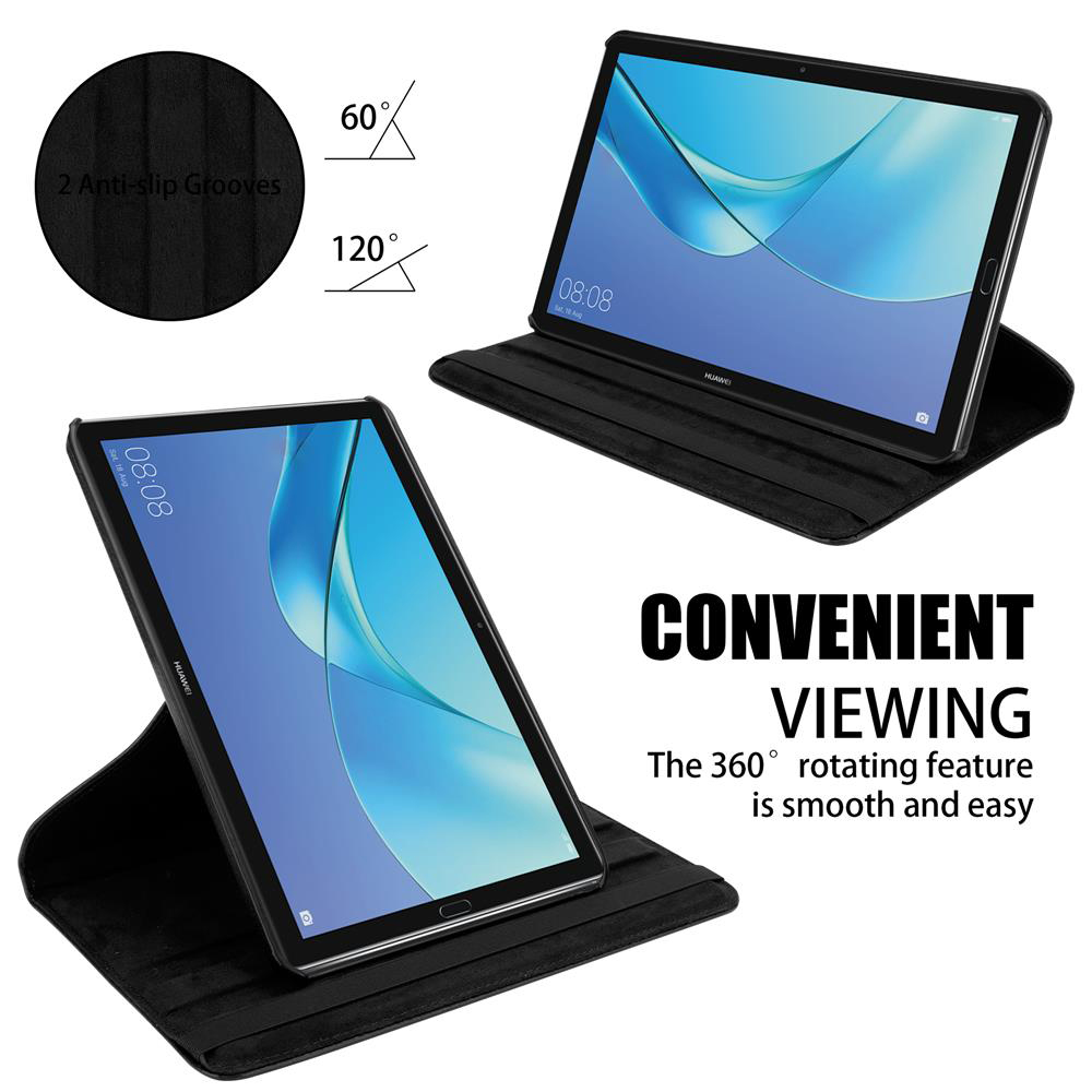 Schwarzes Tablet in schwarzem Gehäuse. Zwei Ansichten. Inhalt wird angezeigt. Text: Bequemes Sehen.
