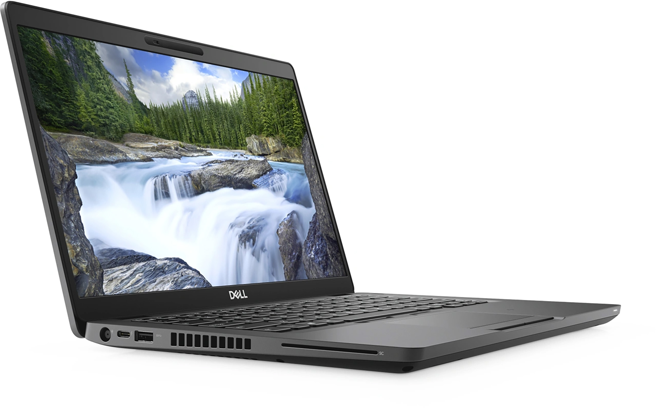 A Dell laptop displays a waterfall scene. It is angled, open, and has a dark gray body. White background.