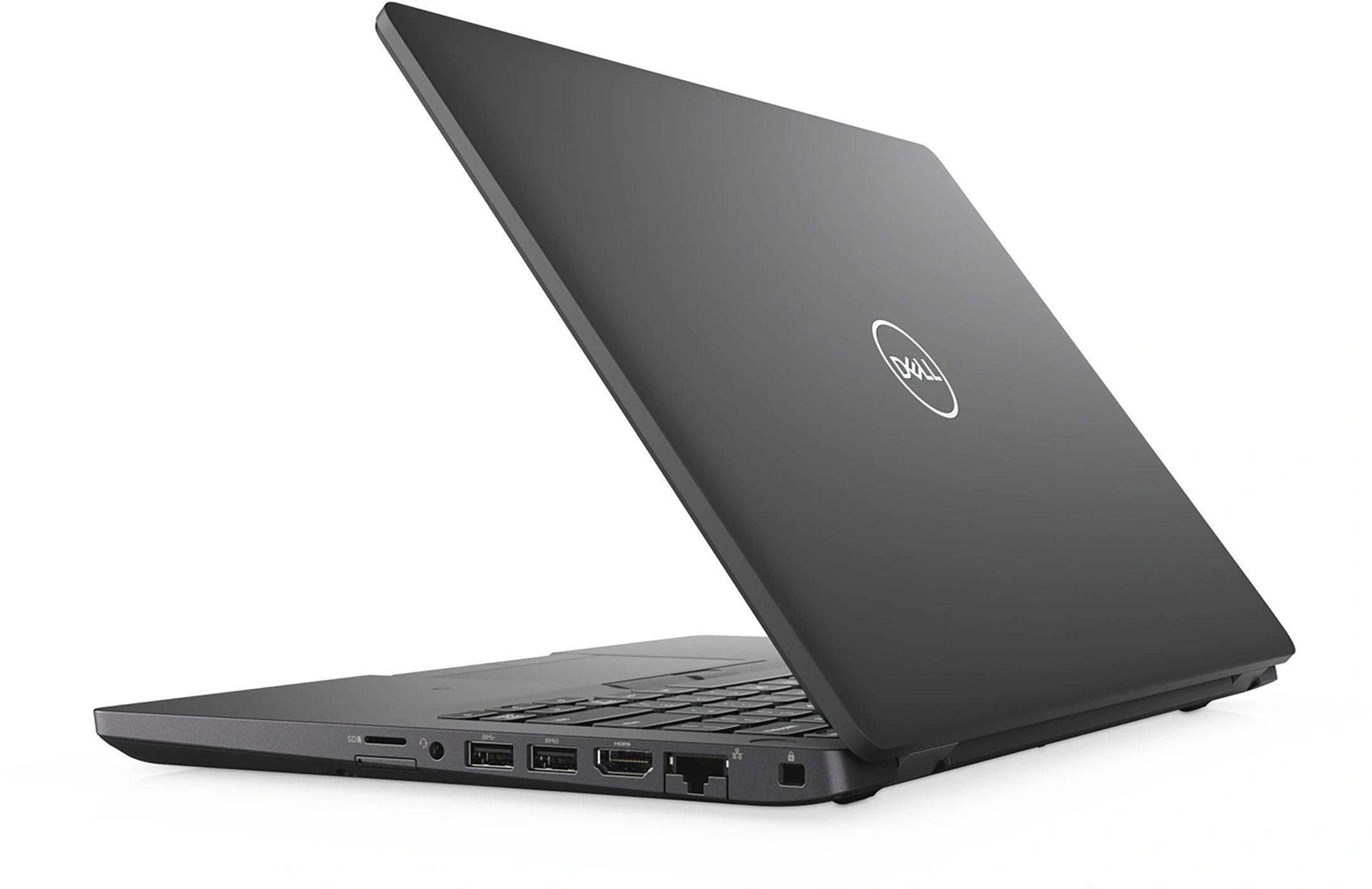 A black Dell laptop, angled open. The Dell logo is visible on the lid. Ports are visible on the sides, on a white background.