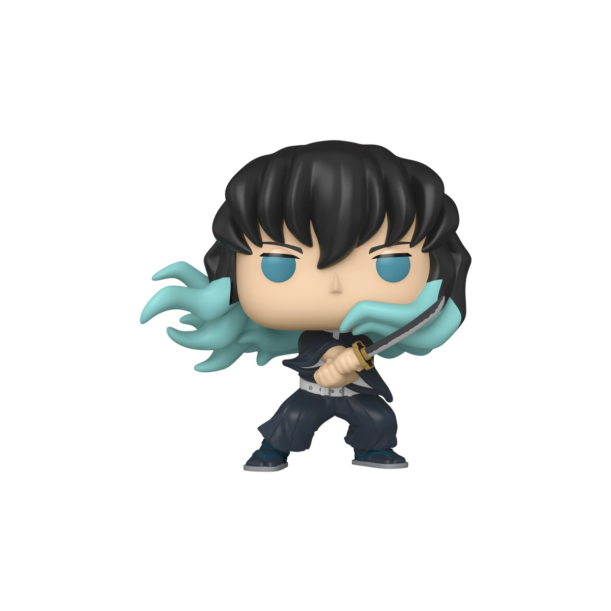 Funko Pop de un personaje con cabello largo, sosteniendo una espada con una capa azul.