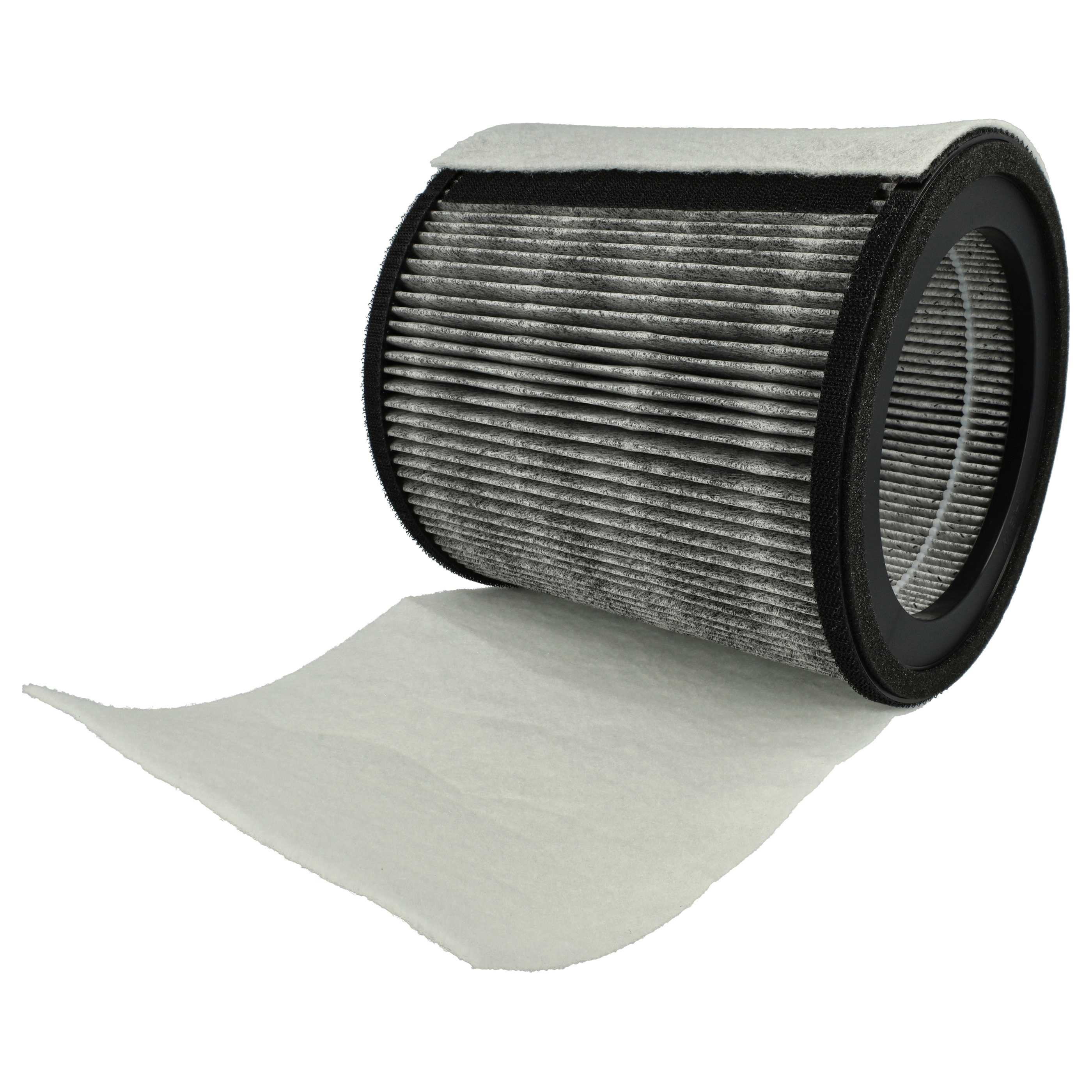 Luftfilter mit aufgerolltem Filterpapier und schwarzem Rahmen vor weißem Hintergrund.