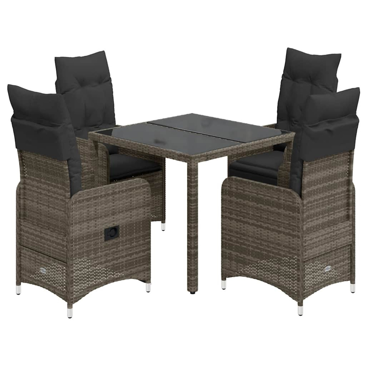 Un set da patio a quattro posti con tavolo e sedie con cuscini grigio scuro.