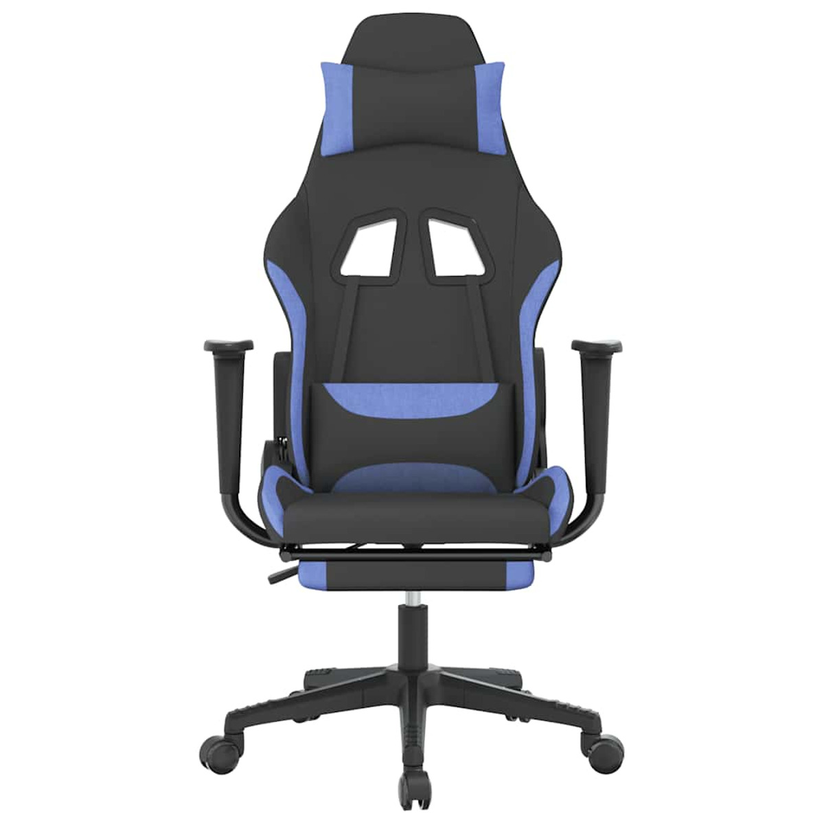 Gaming-Stuhl, schwarz und blau, mit Kopfstütze, Lendenwirbelstütze, Armlehnen und Rädern.