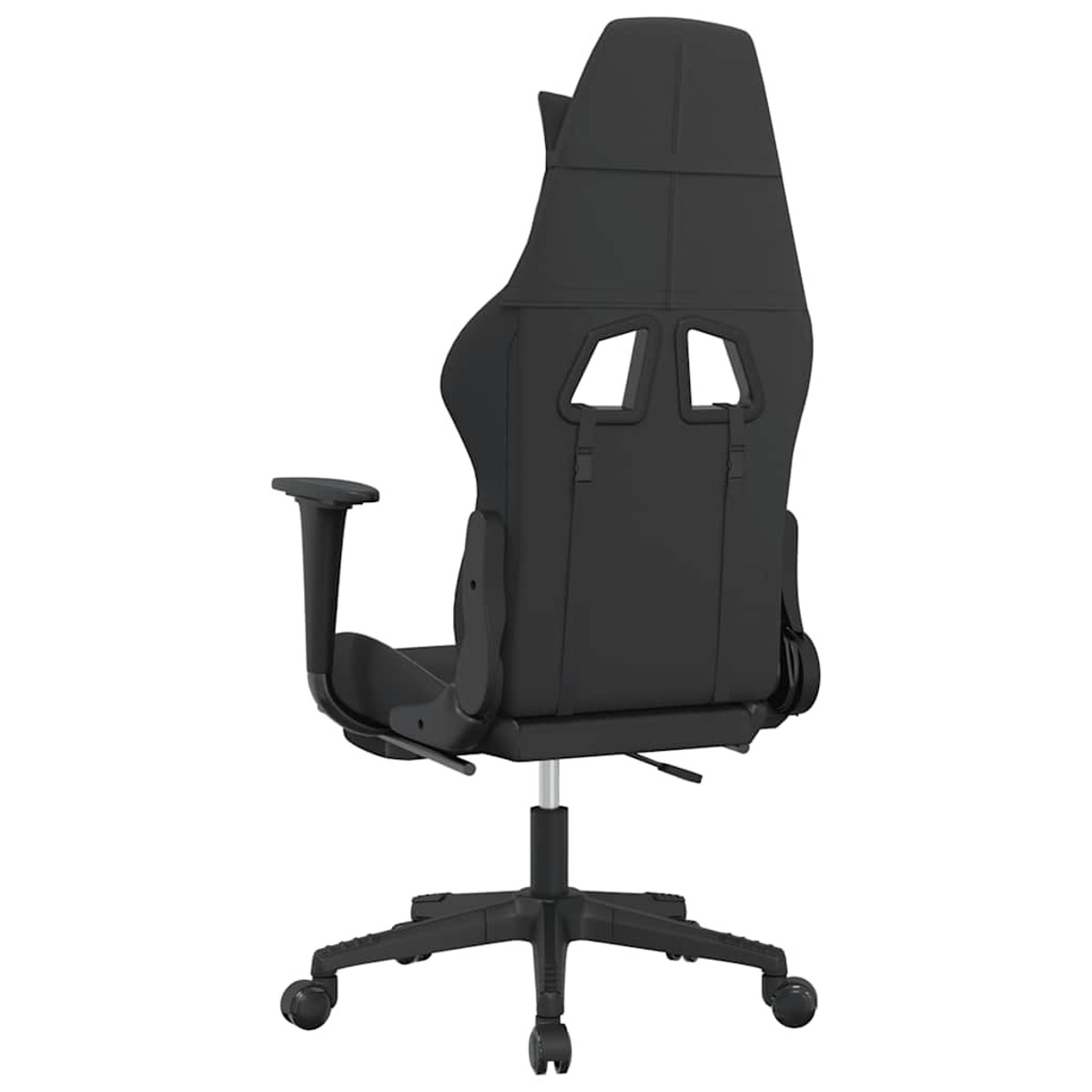 Rückansicht eines schwarzen Gaming-Stuhls mit Kopfstütze, Armlehnen, Rädern und Gestell.