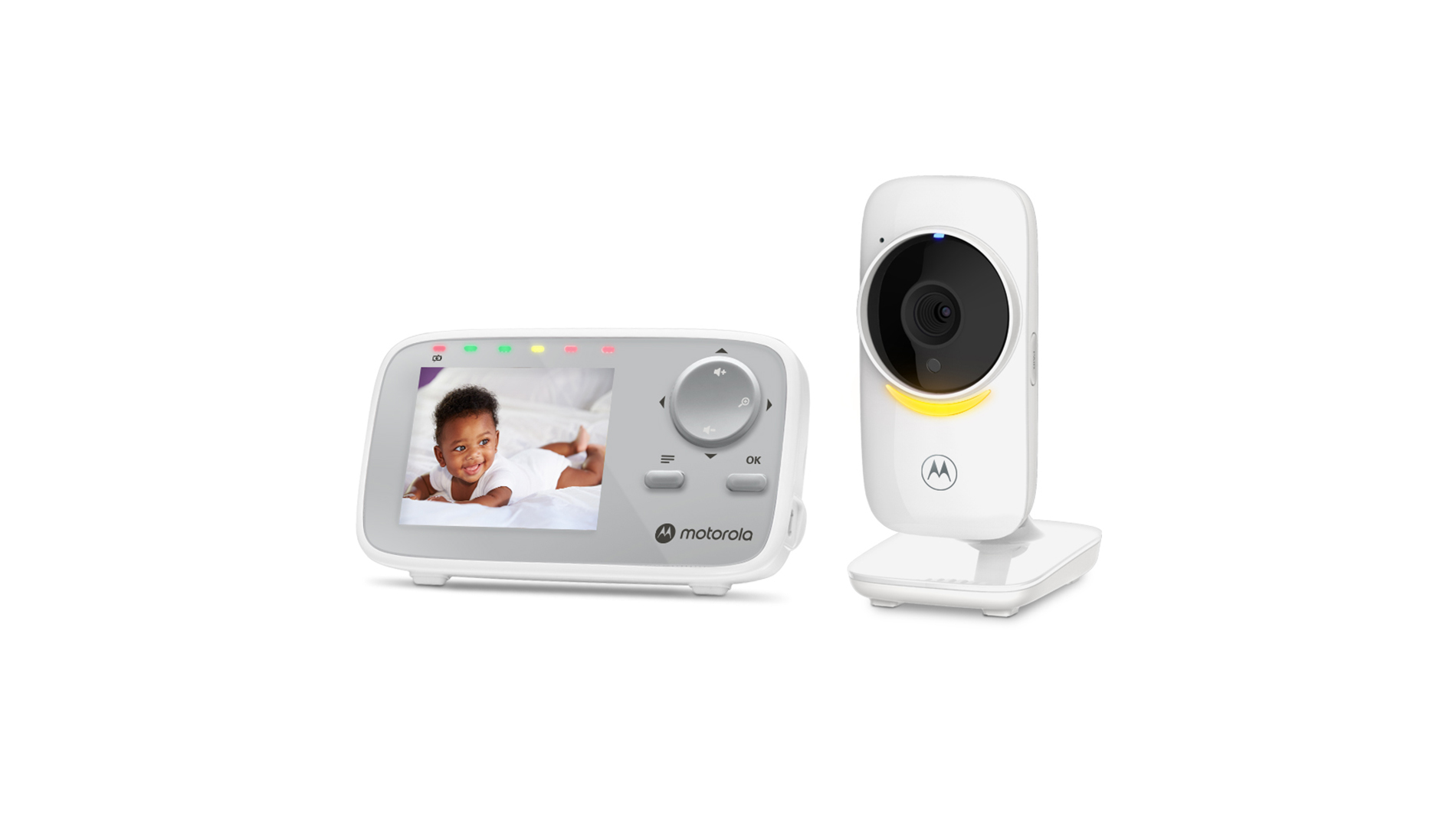 Baby monitor showing a baby on the screen.  A camera unit sits to the right.