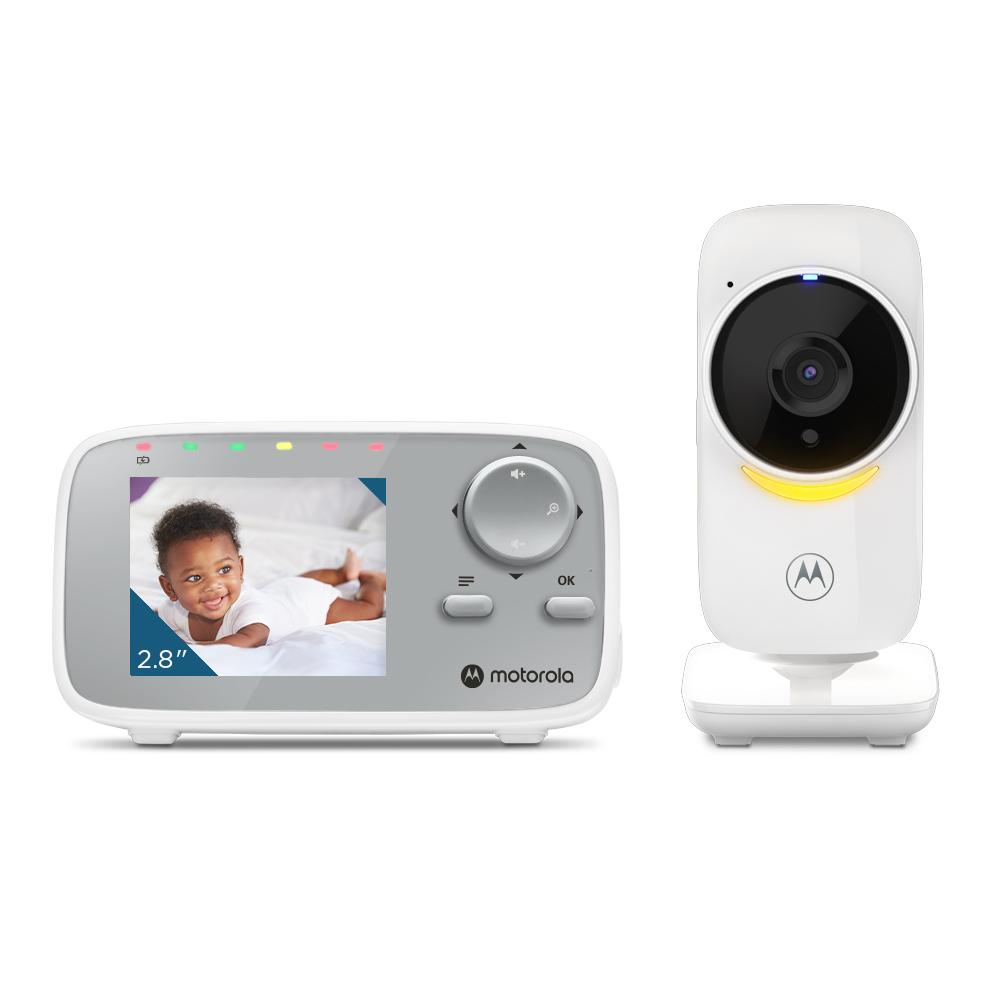 Baby monitor with screen and camera. Screen displays a baby. White devices. White background.