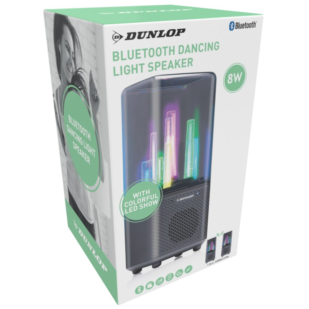 Een doos toont een Bluetooth-luidspreker met kleurrijke LED-verlichting. De doos toont een vrouw en de luidspreker.