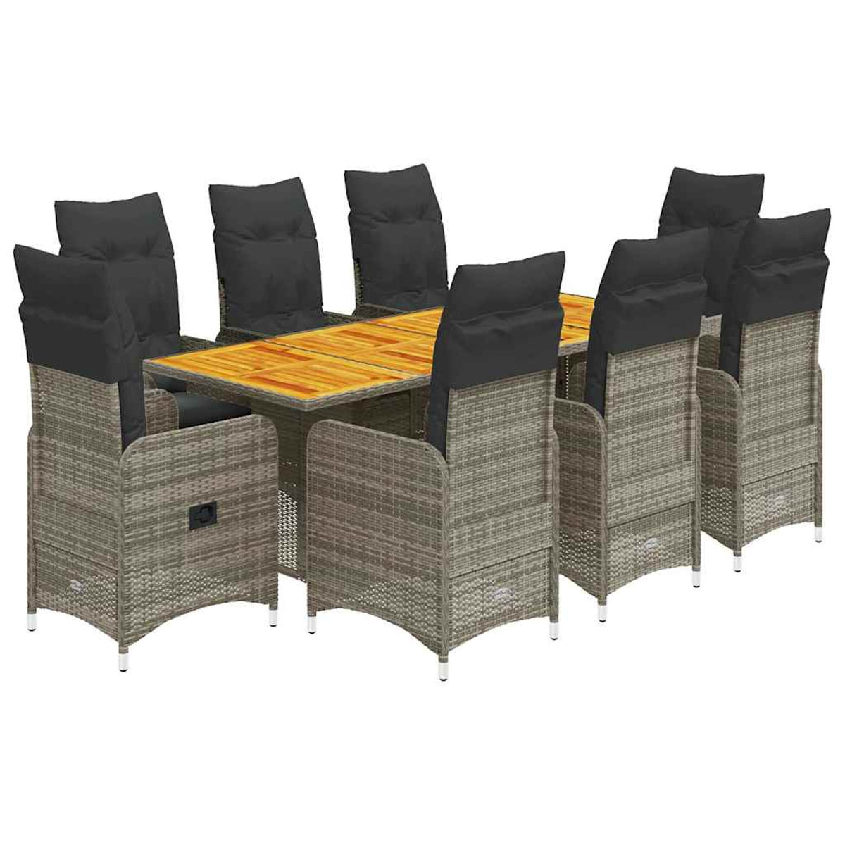 Set da pranzo in rattan. Tavolo rettangolare con piano in legno, otto sedie con cuscini neri.