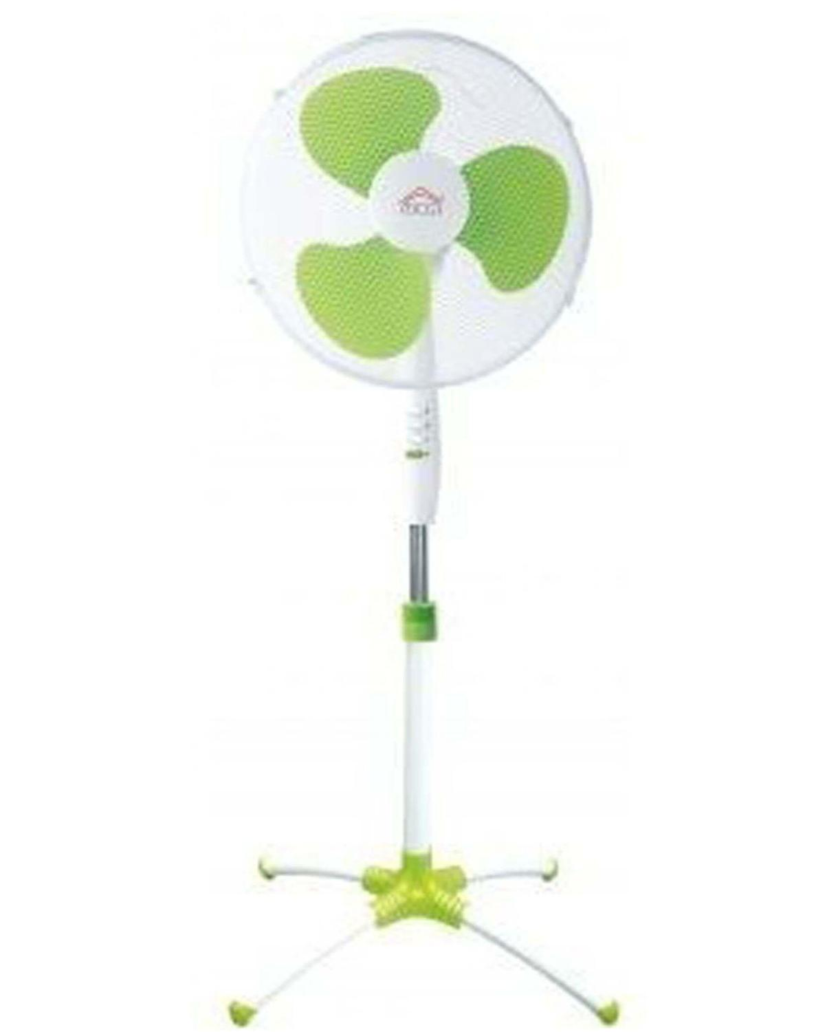 Un ventilatore a colonna bianco e verde con testa circolare e base a treppiede su sfondo bianco.