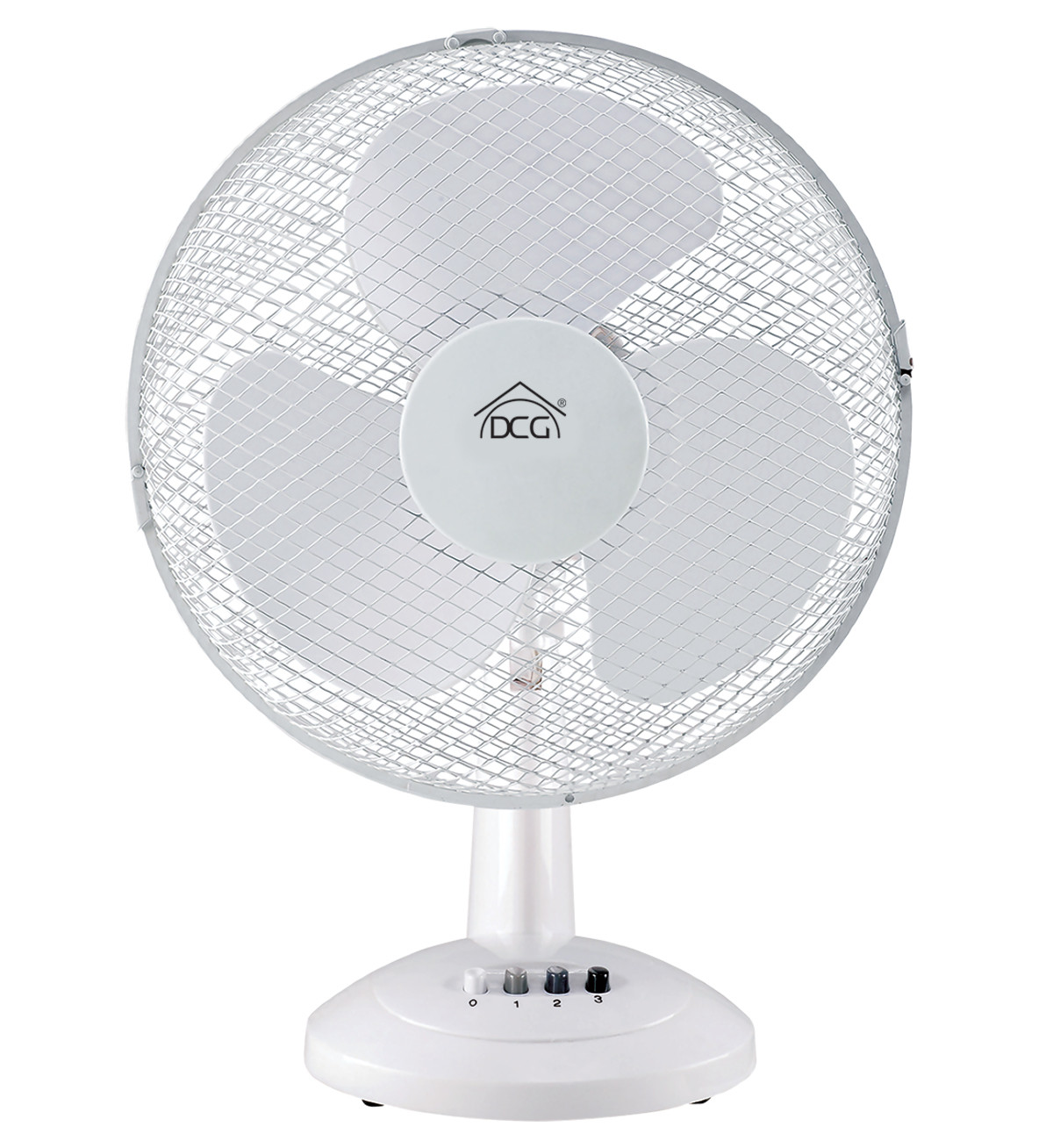 Ventilatore da tavolo bianco con griglia protettiva. Tre impostazioni di velocità.