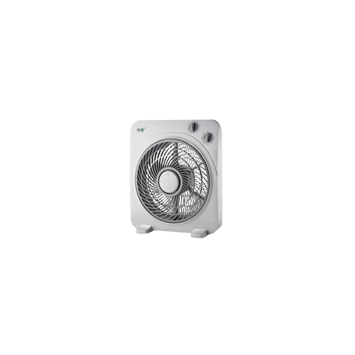 Ventilatore quadrato bianco con tre impostazioni di velocità. Griglia nera e corpo bianco.