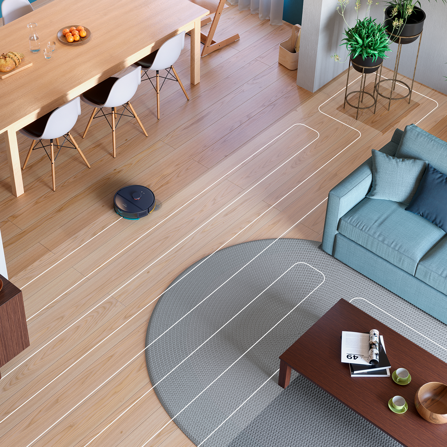 Vue de dessus d'un salon avec un aspirateur robot sur le sol.