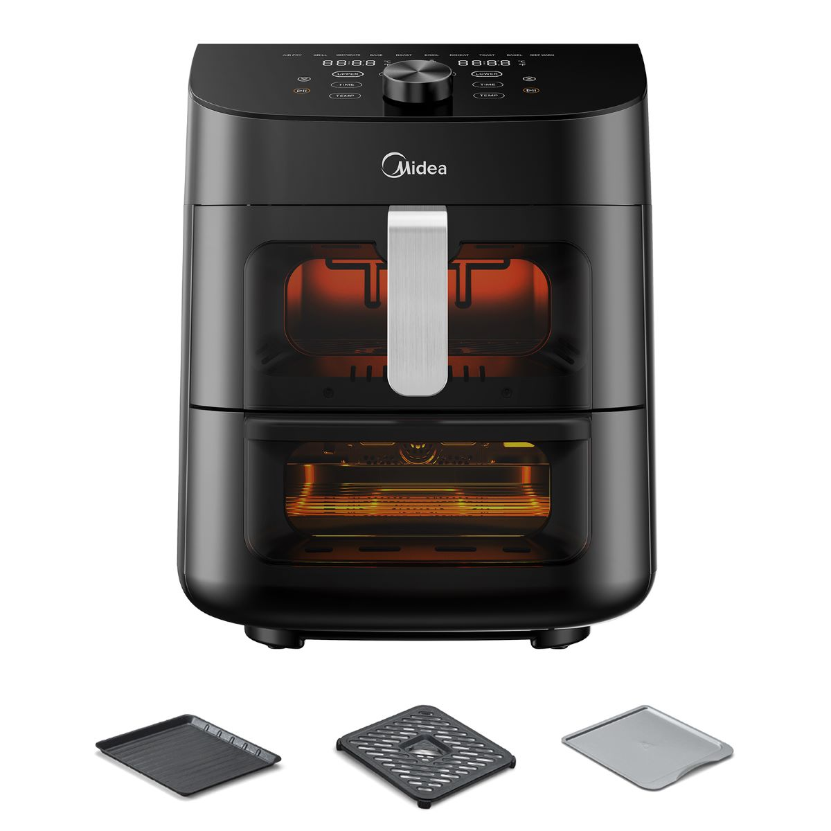 Een zwarte airfryer met accessoires eronder.