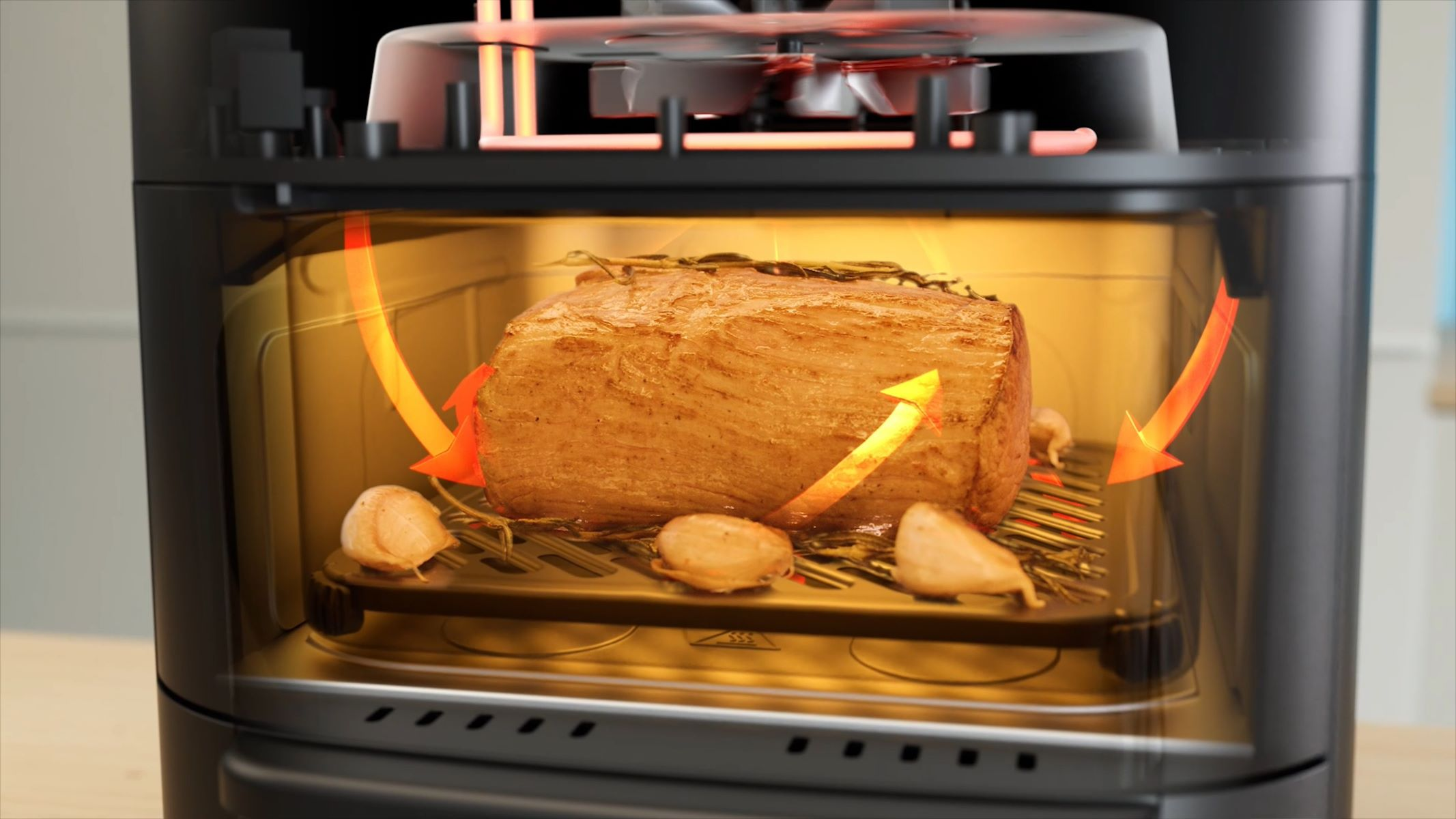 Een braadstuk met knoflooktenen in een airfryer, met pijlen die de luchtstroom illustreren.
