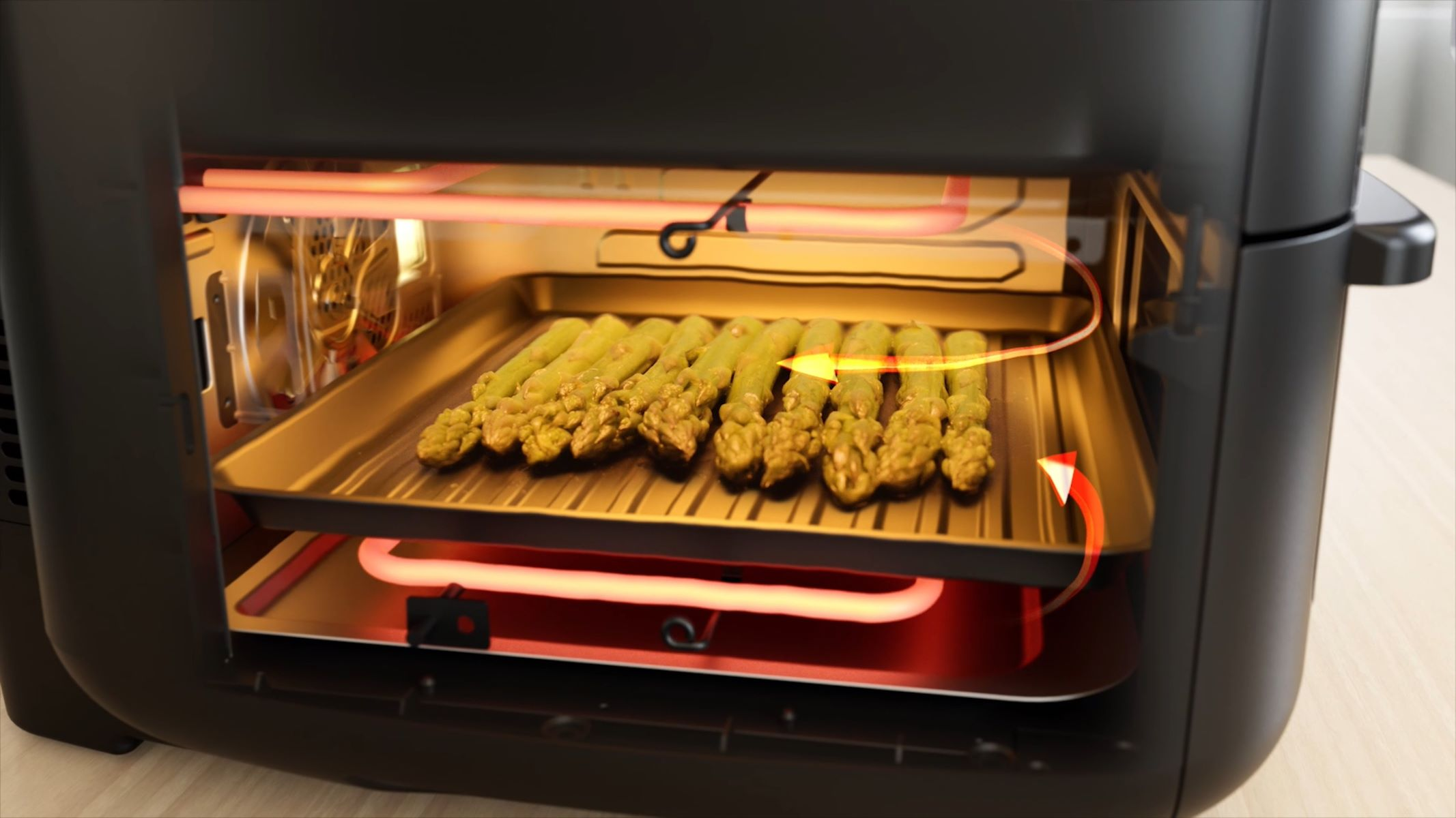 Binnenkant van een oven met asperges op een bakplaat die wordt verwarmd door verwarmingselementen.