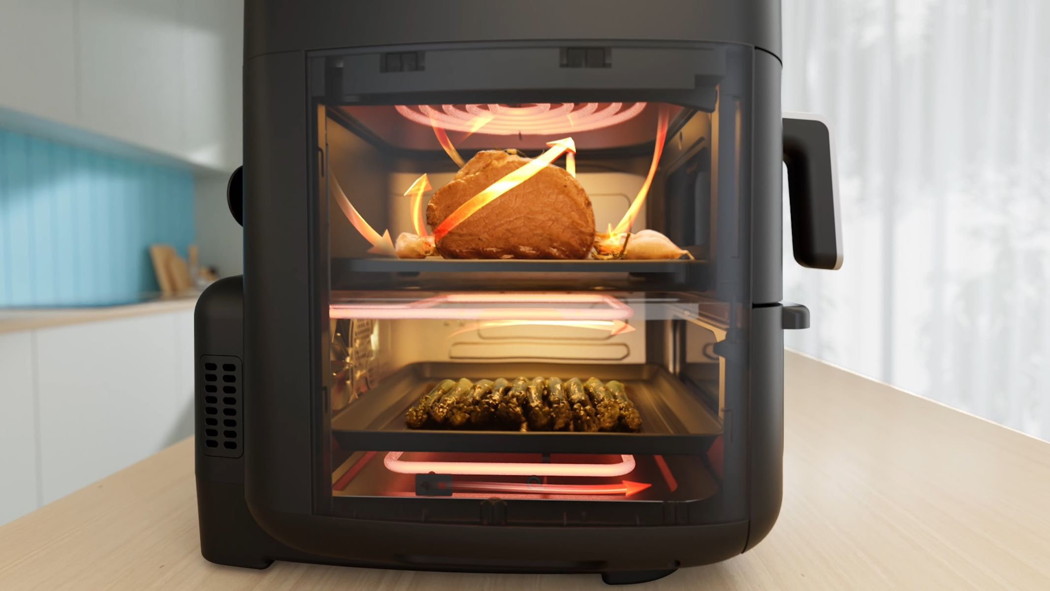 Een zwarte airfryer met voedsel erin, met verwarmingselementen en interne structuur.