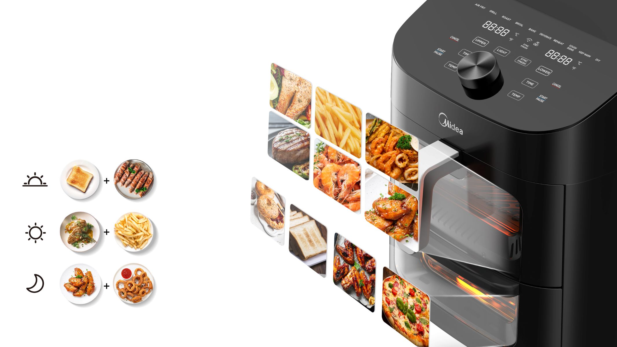 Een zwarte airfryer met diverse voedselafbeeldingen aan de zijkant.