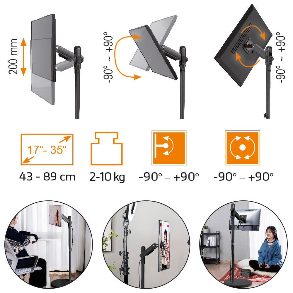 Ein Monitorständer mit Monitor und Diagrammen seiner Einstellungen und Personen.