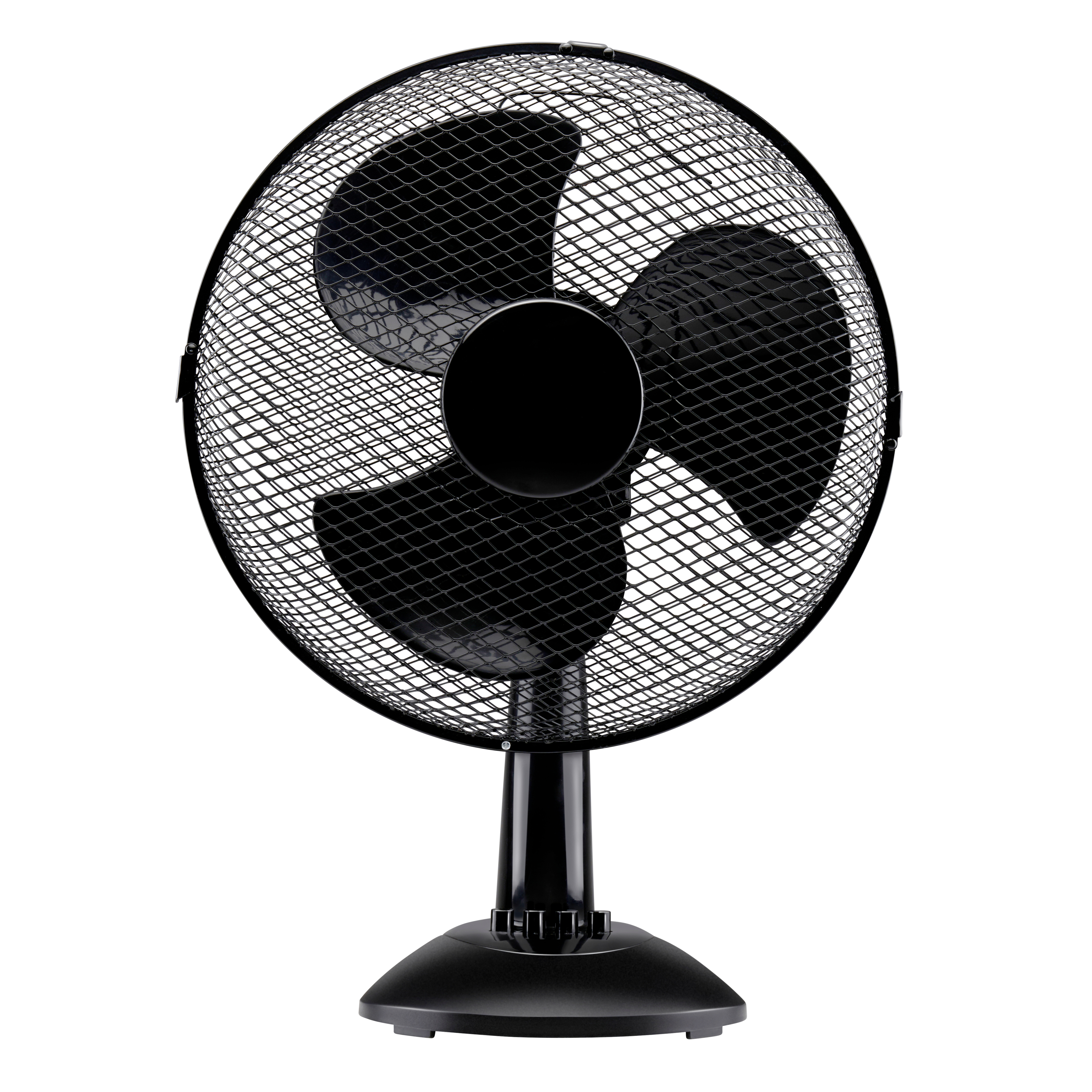 Zwarte elektrische ventilator. Het heeft drie bladen en een veiligheidsnet.