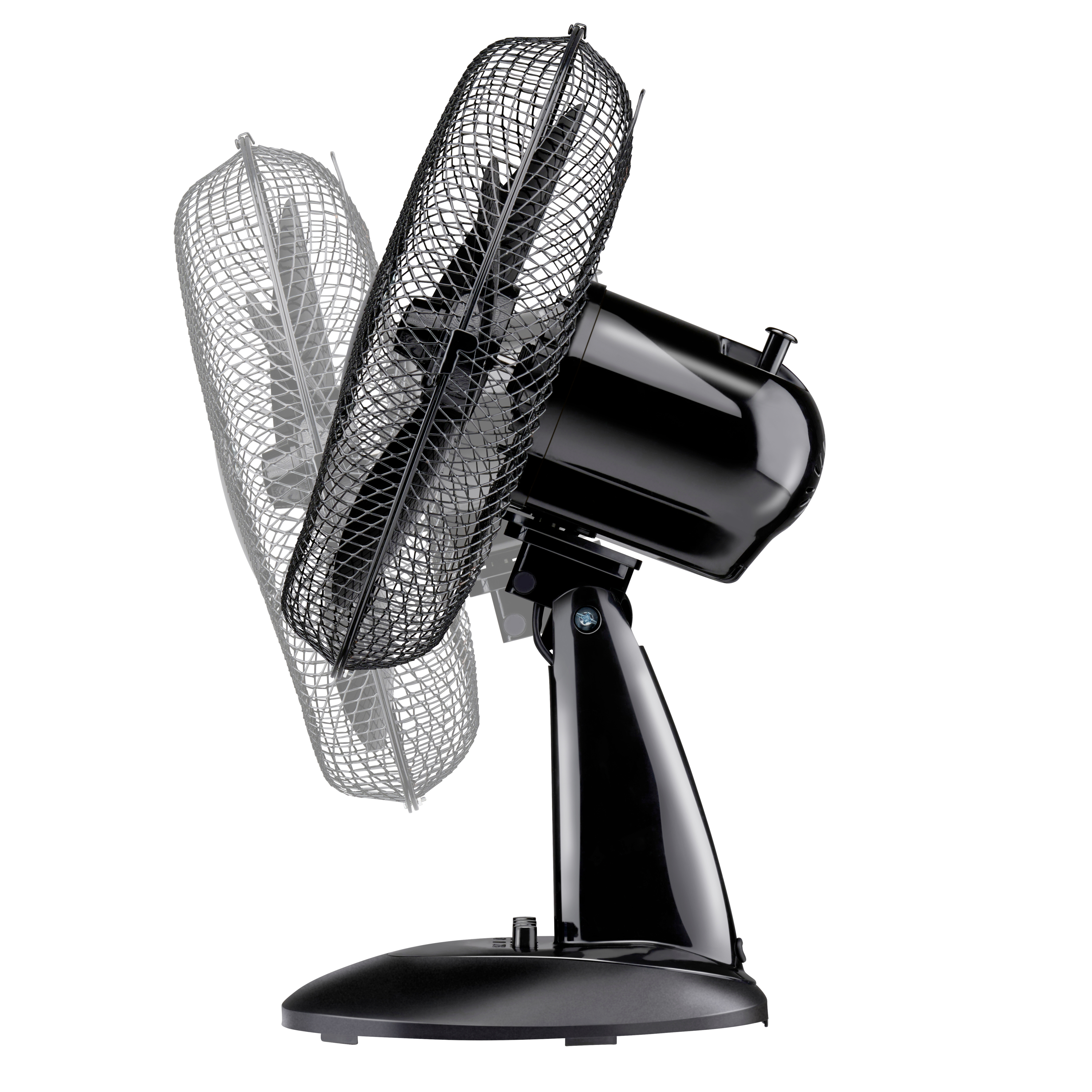 Zwarte bureauventilator met een roterende kooi, op een witte achtergrond.