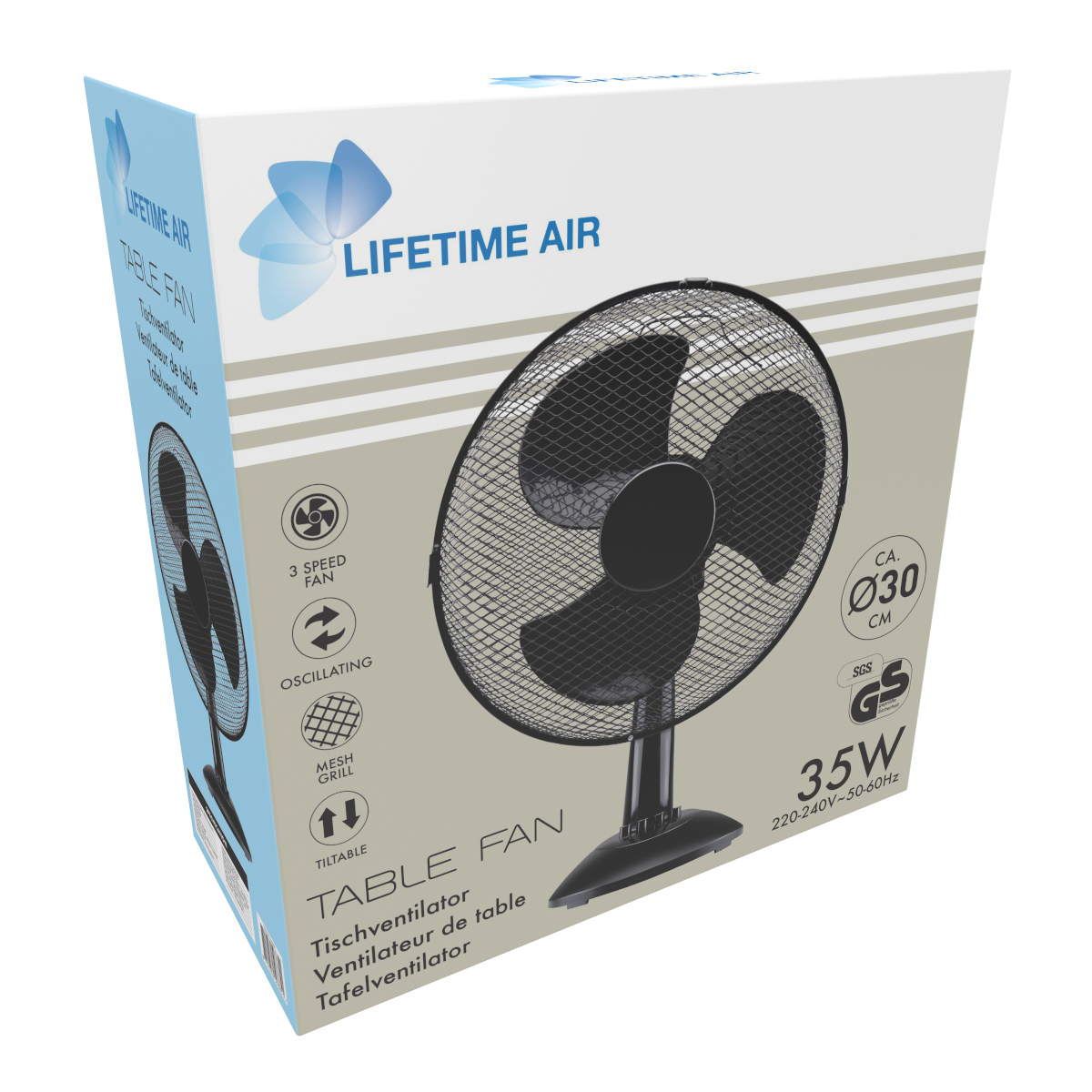 Tafelventilator in doos. Heeft een gaasrooster en een zwarte voet. Witte en blauwe doos.