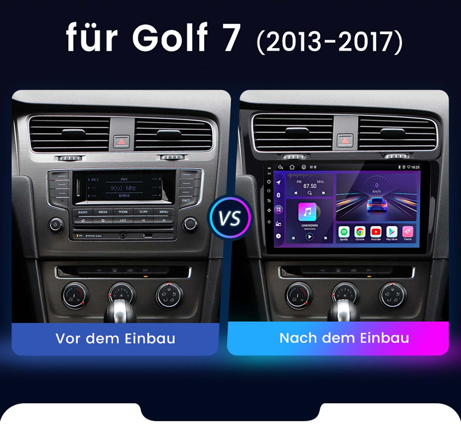 Zwei Auto-Infotainment-Bildschirme. Einer zeigt das alte System, der andere ein neues System mit farbenfrohen Grafiken.