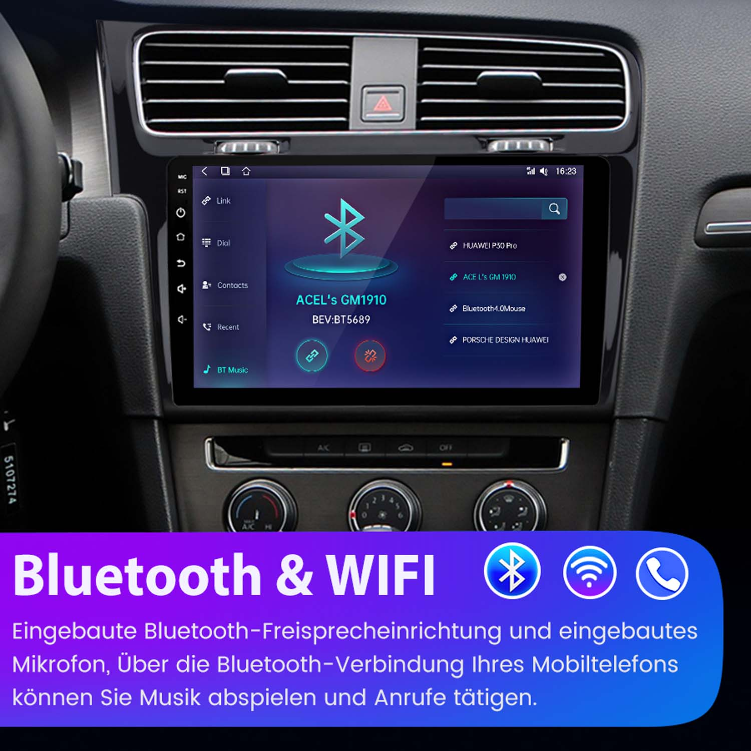 Ein Autoradio mit Bildschirm. Der Bildschirm zeigt Bluetooth- und Wi-Fi-Symbole. Der Hintergrund ist ein Autoinnenraum.